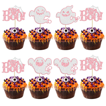 24Pcs Halloween Ghost Cupcake Toppers Pink Glitter Halloween Boo Cake Decorations Halloween Baby Shower Cake Picks For Halloween