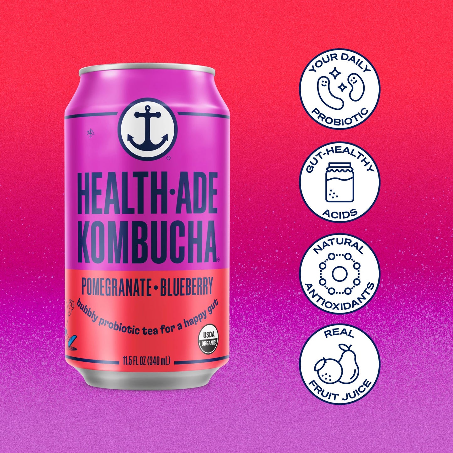 Health-Ade Pomegranate Blueberry Kombucha, Organic Drink, 12-Pack (11.5 Fl Oz Cans) - Fermented Tea With Probiotics, Detoxifying