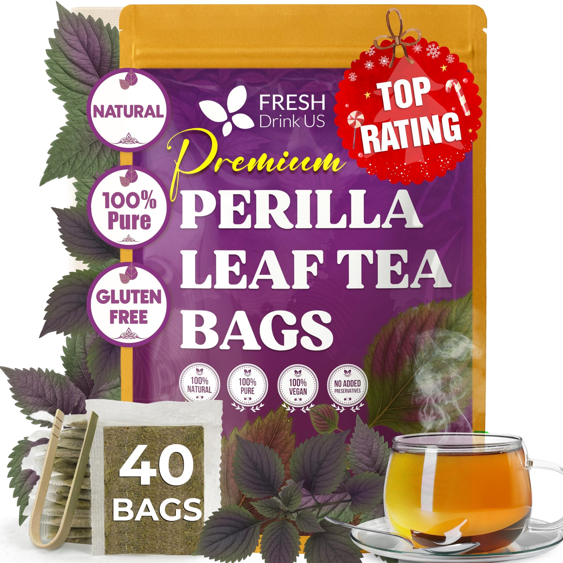 Freshdrinkus  Top-Grade Perilla Leaf Tea - 40 Tea Bags | 100% Pure Perilla Leaves | Energy Blend-Free  Non-Gmo  Natural Packaflavor Blendg | Herbal Tea Bags For Daily Enjoyment. Gluten-Free. Sugar-Free. Vegan