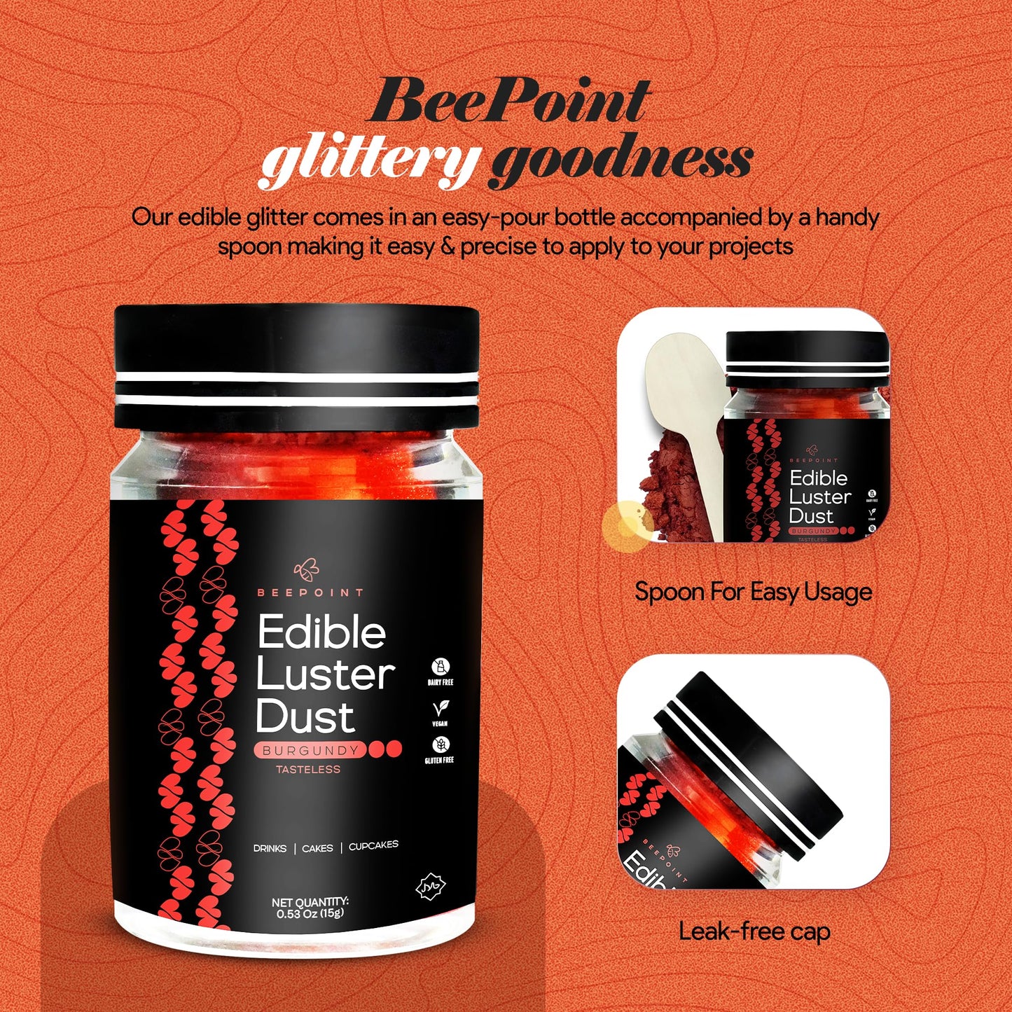 BeePoint Edible Glitter Luster Dust - Food Grade Shimmer Powder for Baking & Decorating, 15g, Bur dy