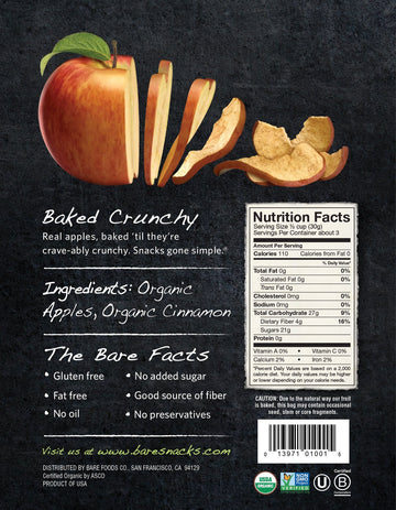 Bare Baked Crunchy Organic Apple Chips, Cinnamon, Gluten Free, 3 Ounce Bag, 6 Count