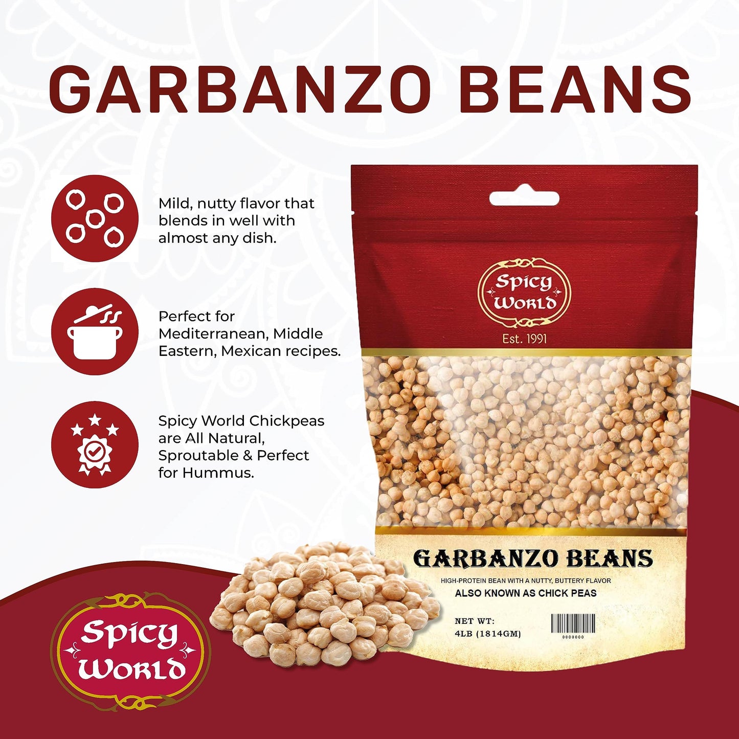 Garbanzo Beans - Chickpeas Dried 4 Lb Bag - All Natural, Sproutable, Perfect For Hummus - By Spicy World