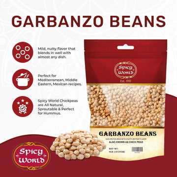 Garbanzo Beans - Chickpeas Dried 4 Lb Bag - All Natural, Sproutable, Perfect For Hummus - By Spicy World