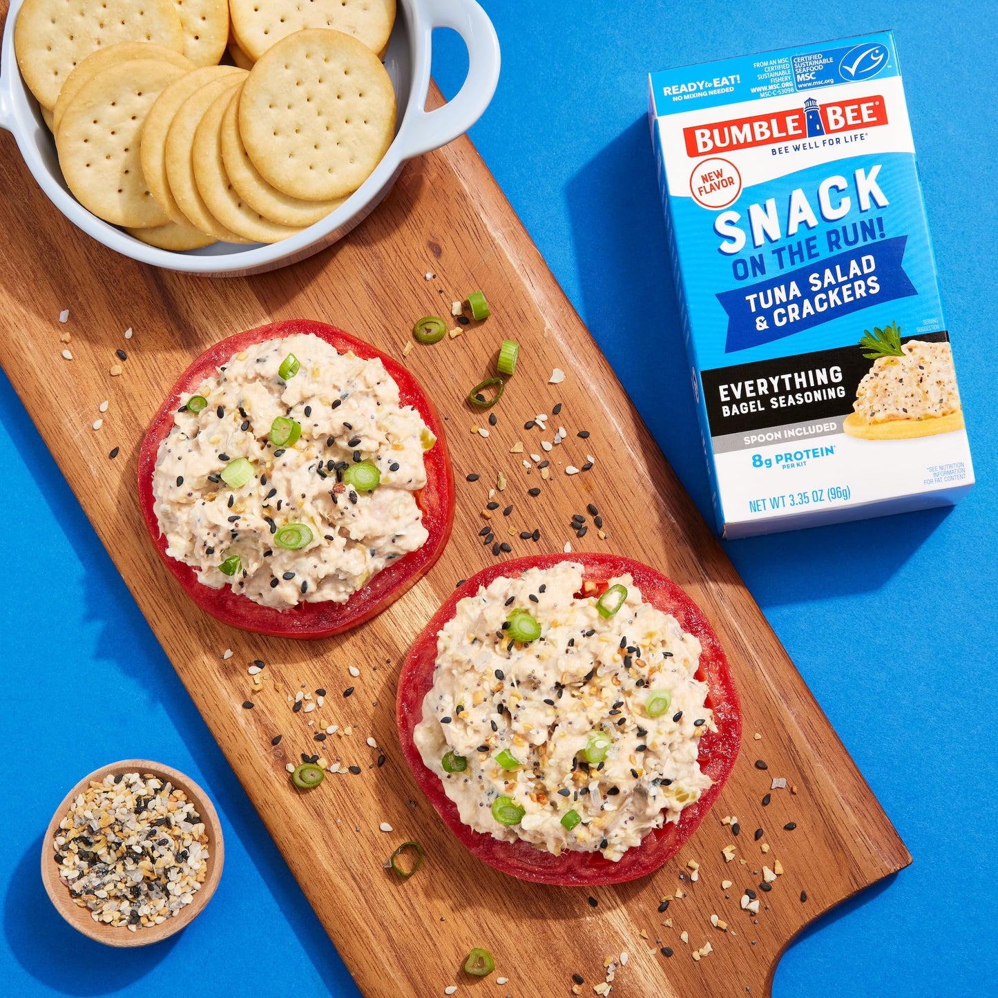 Bumble Bee Snack On The Run Everything Bagel Seasoning Tuna Salad With Crackers Kit, 3.35 Oz - Ready To Eat, Spoon Included - Wild Caught Tuna - Shelf Stable & Convenient Protein Snack
