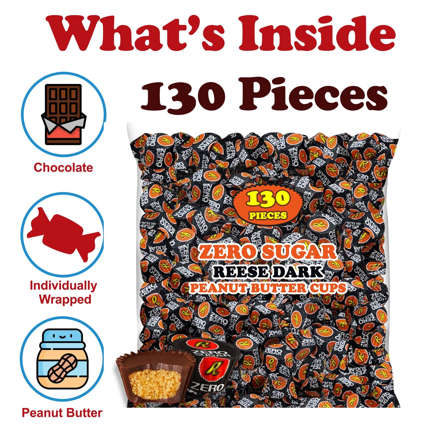 ZompoZ Zero Sugar Dark Chocolate Peanut Butter Cups, Sugar Free, Keto Friendly, Bulk Treat, 2 Lb, Miniature, Appx 130 Pieces