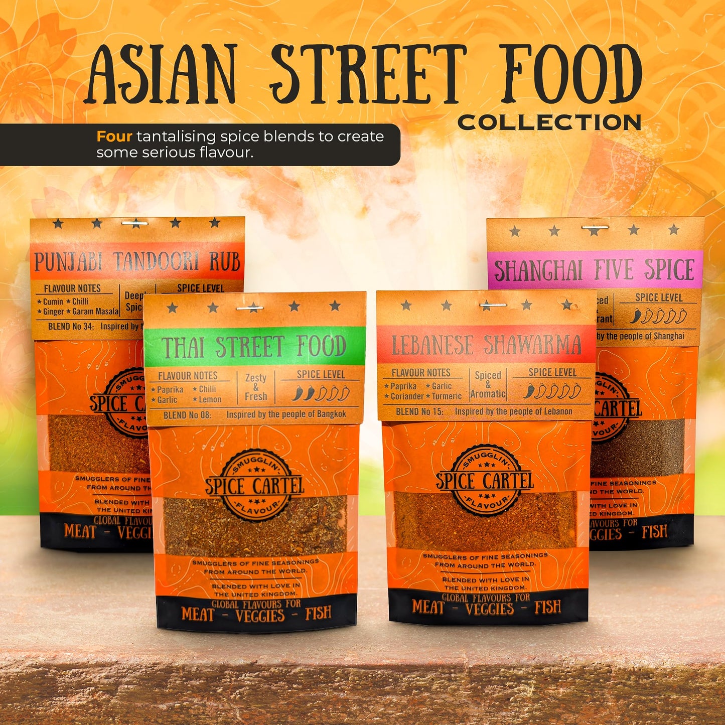 Spice Cartel Asian Street Food Herb & Spice Blends Collection, 4 Resealable Pouches, 4.94 oz Total Weight