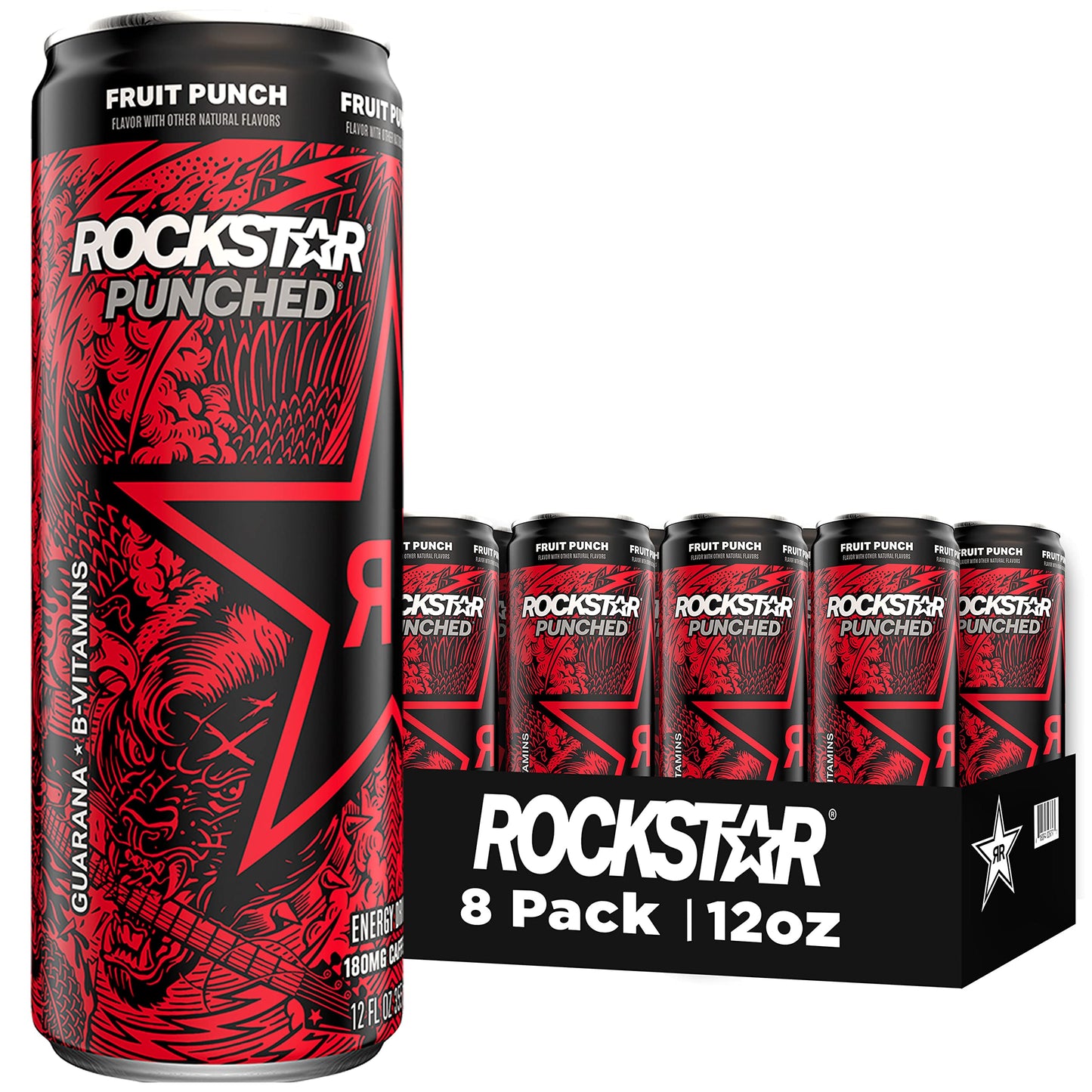 Rockstar Energy Drink, Fruit Punched, 12oz Sleek Cans, 8 Pack
