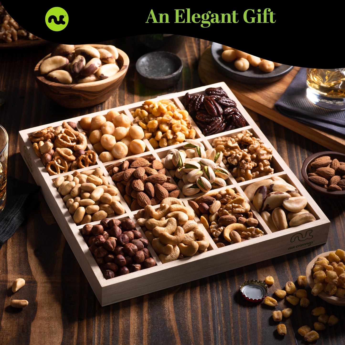 Nut Cravings Gourmet Nuts Gift Basket - 12 Assortments, Happy Holiday - Reusable Wooden Tray