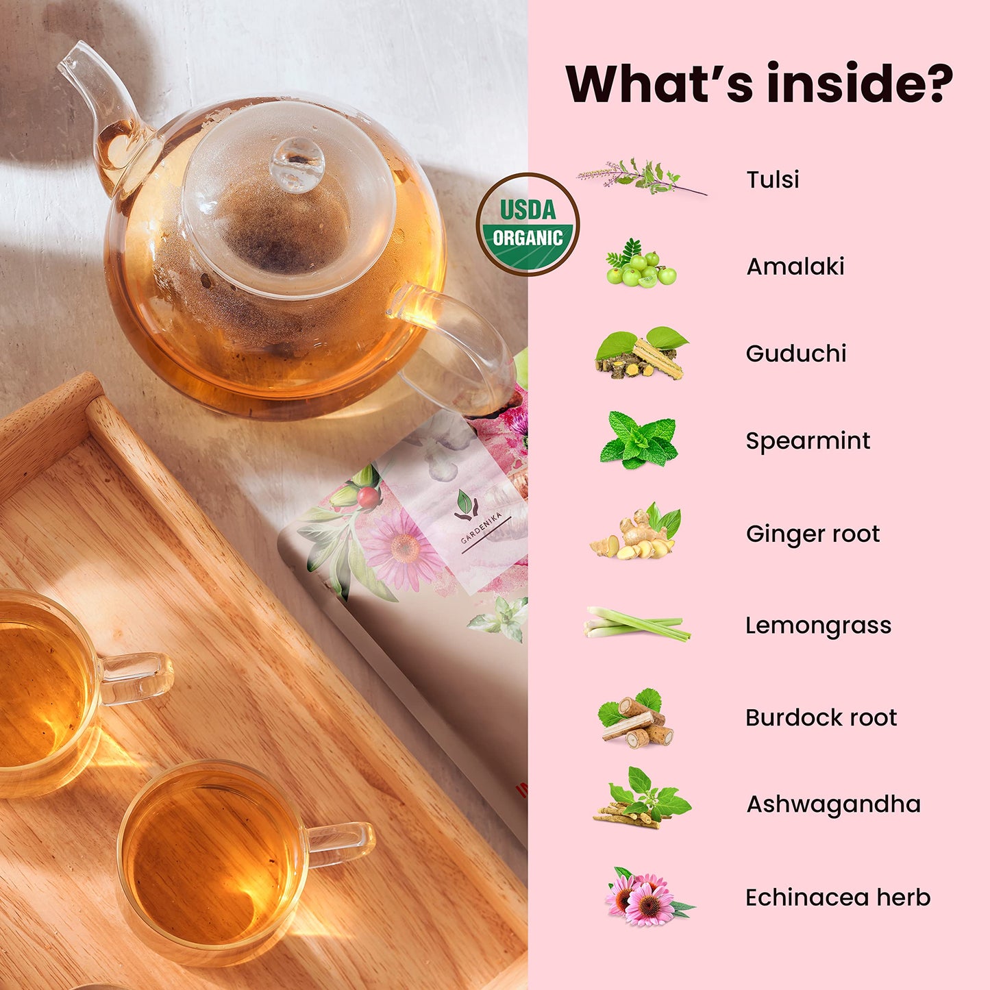 Gardenika Organic Loose Leaf Tea, Herbal Blend with Echinacea & Ashwagandha, Caffeine-Free, 4 oz