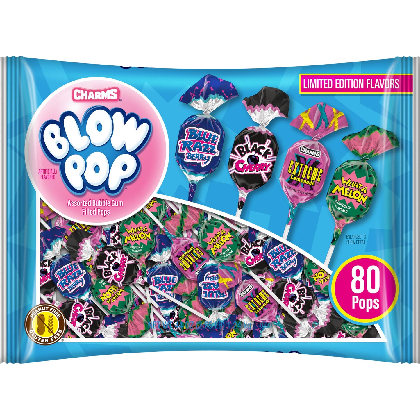 Charms Lollipops Assorted Limited Edition 80 Count - Blue Raspberry, Black Cherry, What A Melon, Extreme Lemonade - Bulk Treat for Kids and mature-themeds