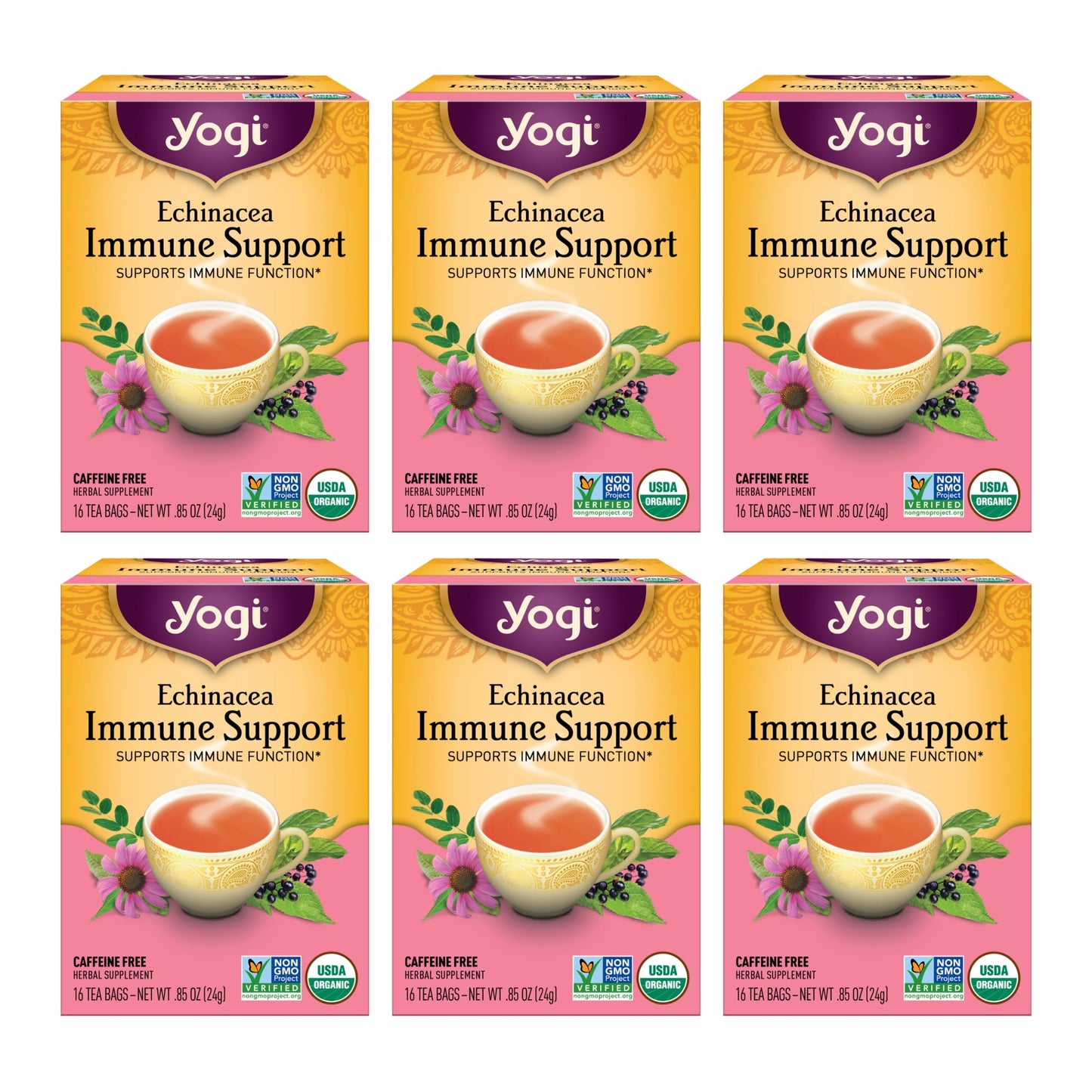 Yogi Tea Echinacea Immune Support Tea - 16 Tea Bags per Pack (6 Packs) - Organic Immunity Support Tea - Includes Peppermint Leaf