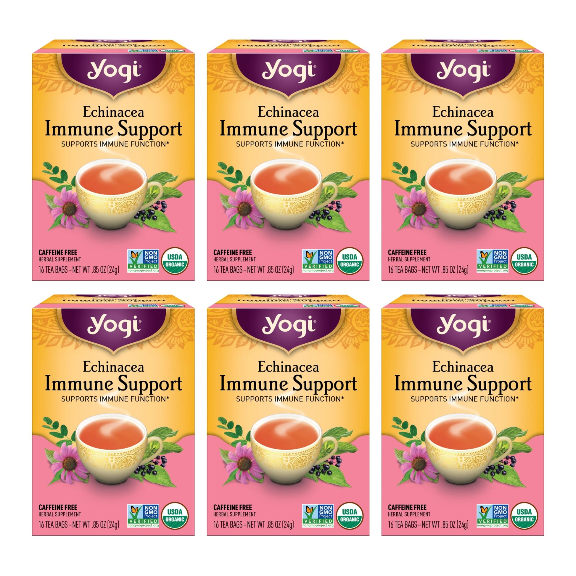Yogi Tea Echinacea Immune Support Tea - 16 Tea Bags per Pack (6 Packs) - Organic Immunity Support Tea - Includes Peppermint Leaf