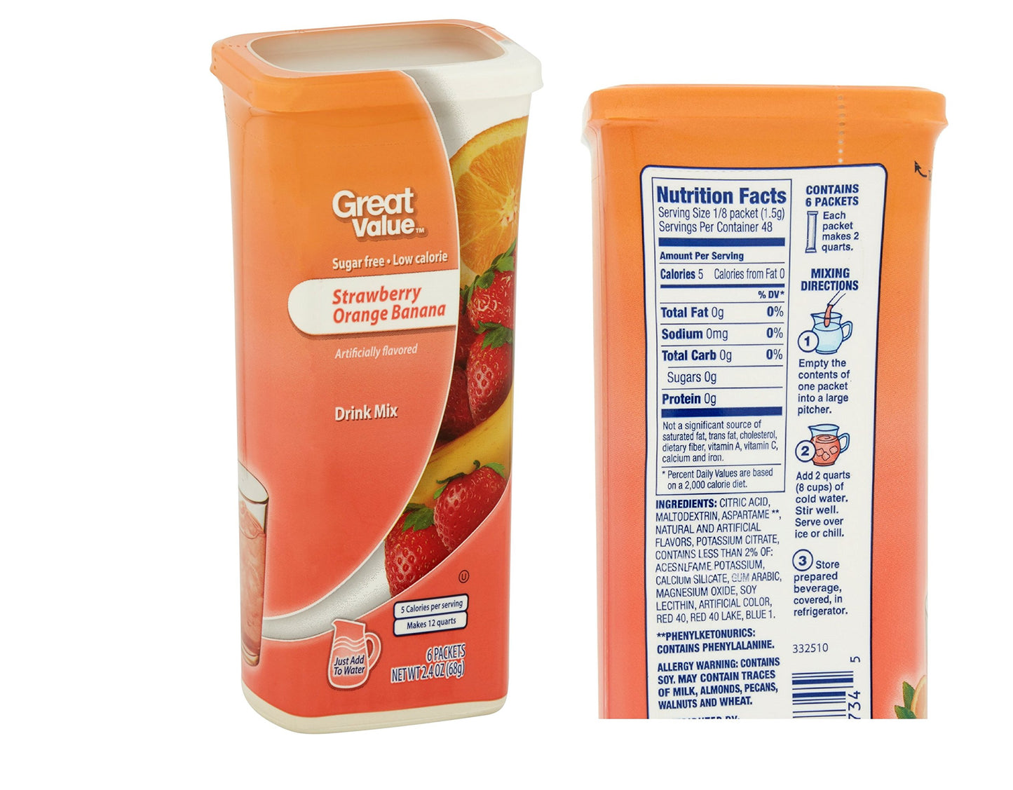 Great Value Drink Mix, Sugar Free, Early Rise Orange, Orange Strawberry Banana And Strawberry Watermelon A Bundle Of 3 Flavor Canisters. (Canister Designs May Vary)