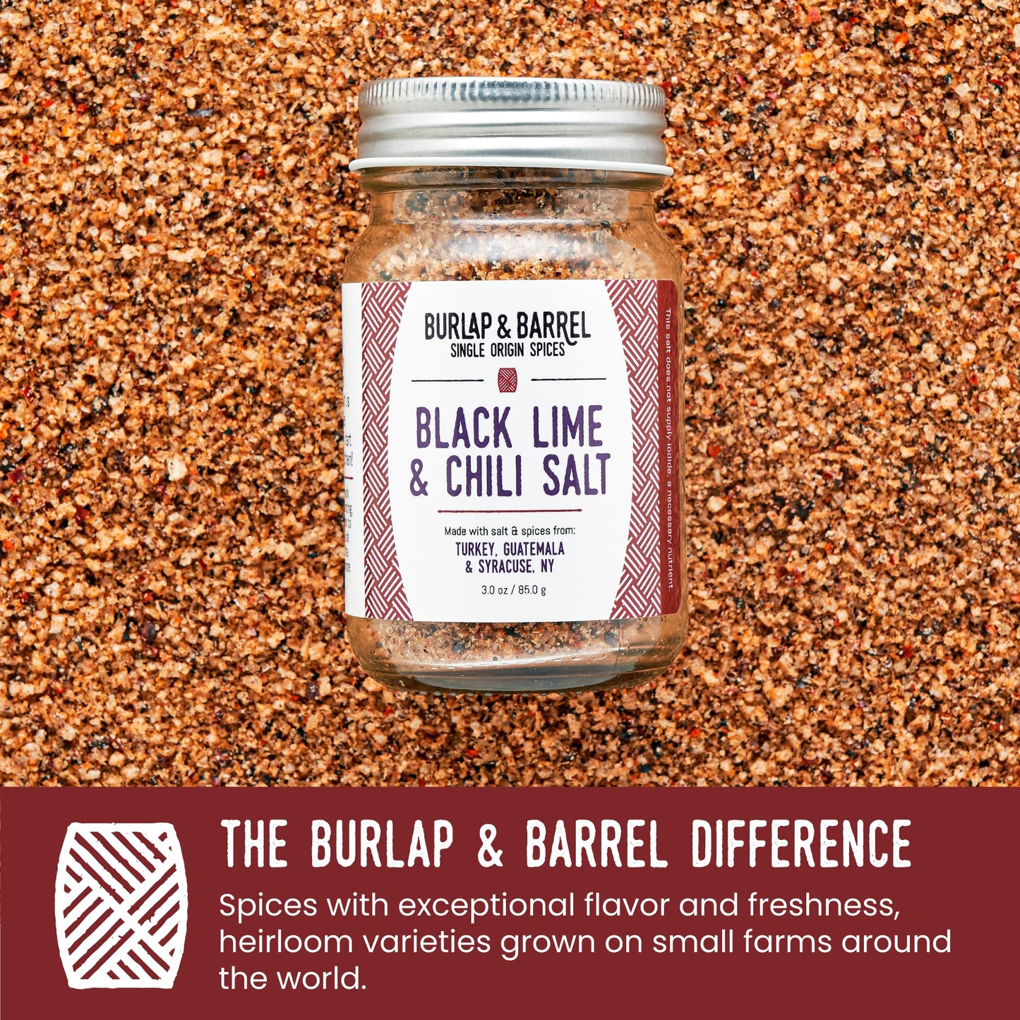 Burlap & Barrel Black Lime & Chili Salt - Savory Seasoning for Seafood & Grilling - 3 oz Glass Jar