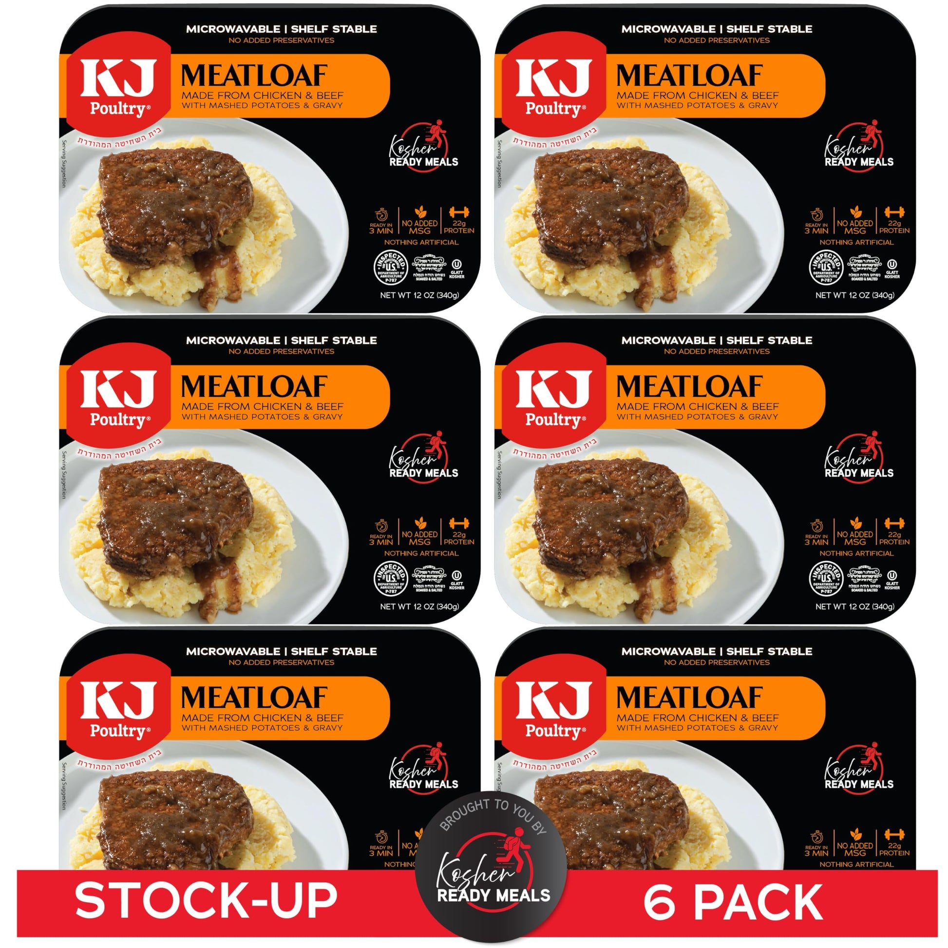 KJ Poultry Kosher Ready Meals Meatloaf & Mashed Potatoes 6 Pack Fully Cooked Microwave Dinner
