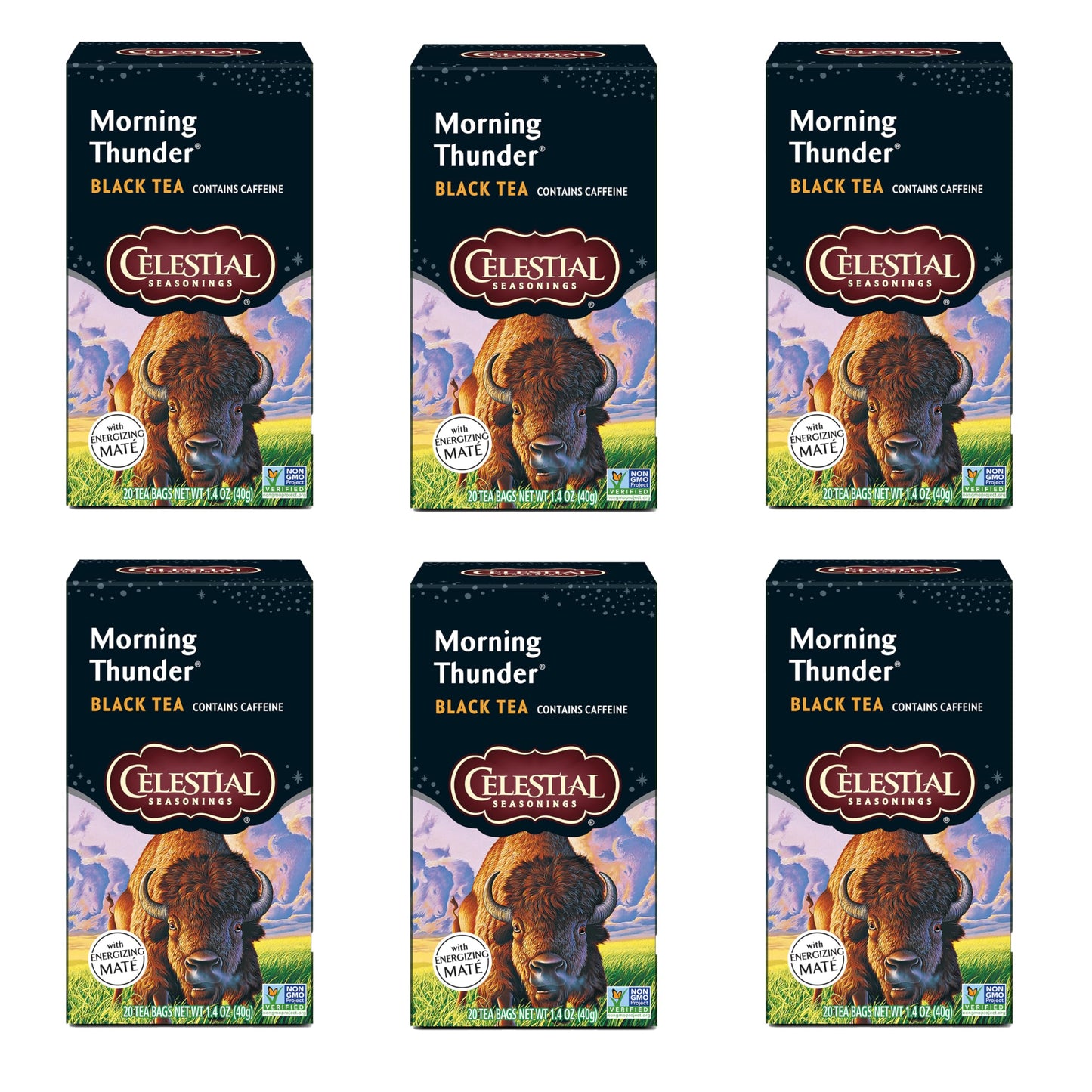 Celestial Seasonings Morning Thunder Black Tea, Caffeinated, 20 Tea Bags Box (Pack of 6)