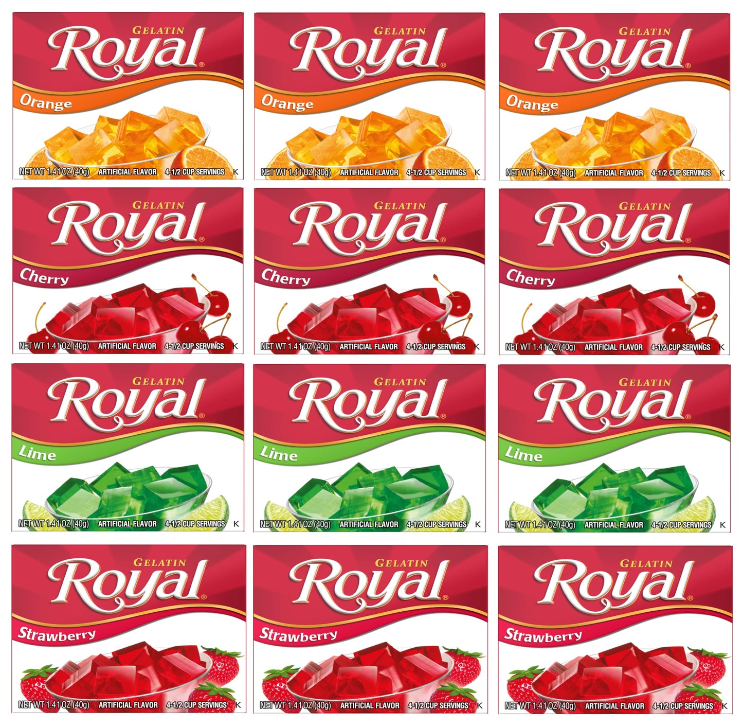 Royal Gelatin Variety Pack of 12 | 3 Box Each - Strawberry, Orange, Lime, and Cherry - Keto Snacks