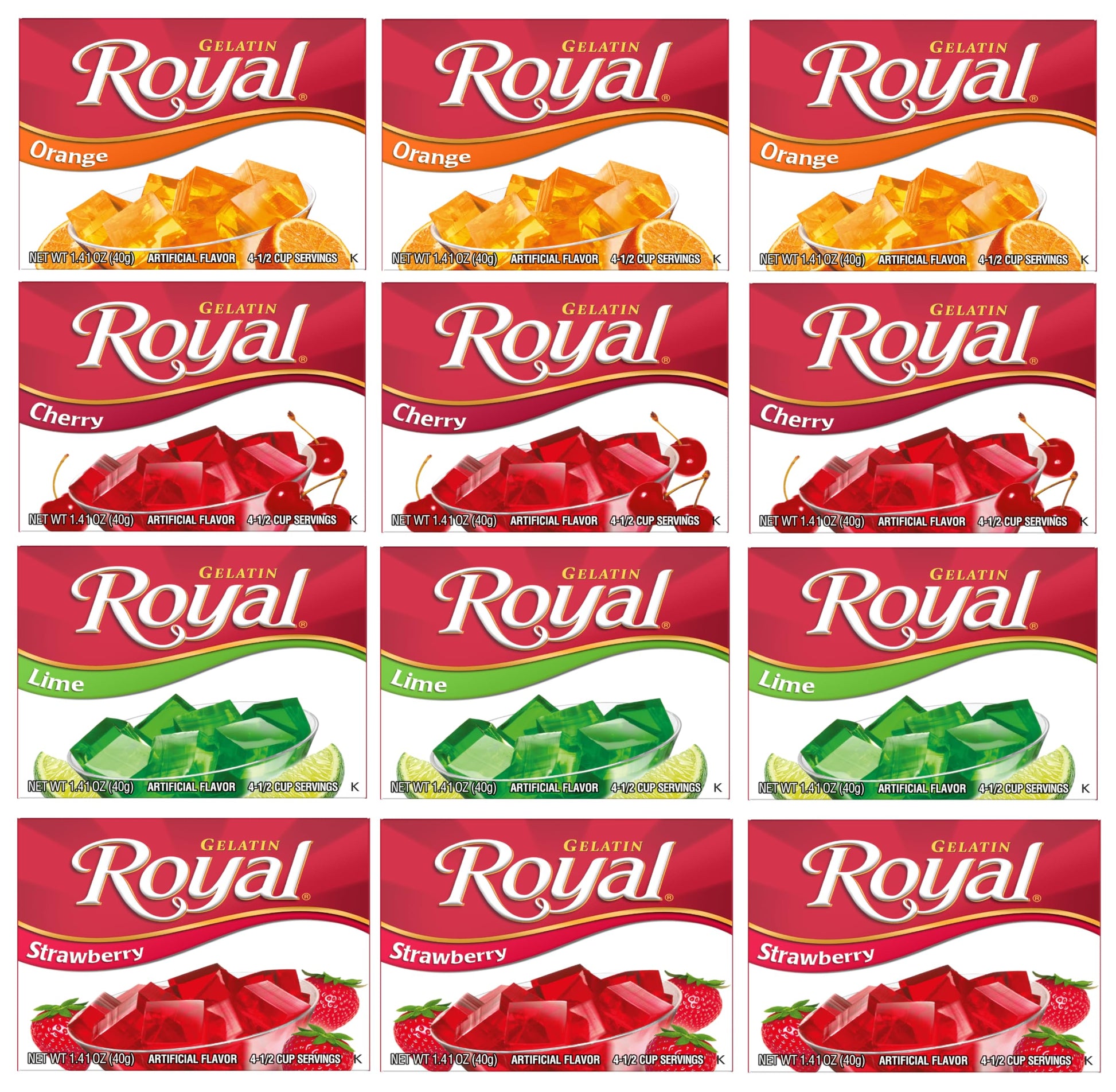 Royal Gelatin Variety Pack of 12 | 3 Box Each - Strawberry, Orange, Lime, and Cherry - Keto Snacks