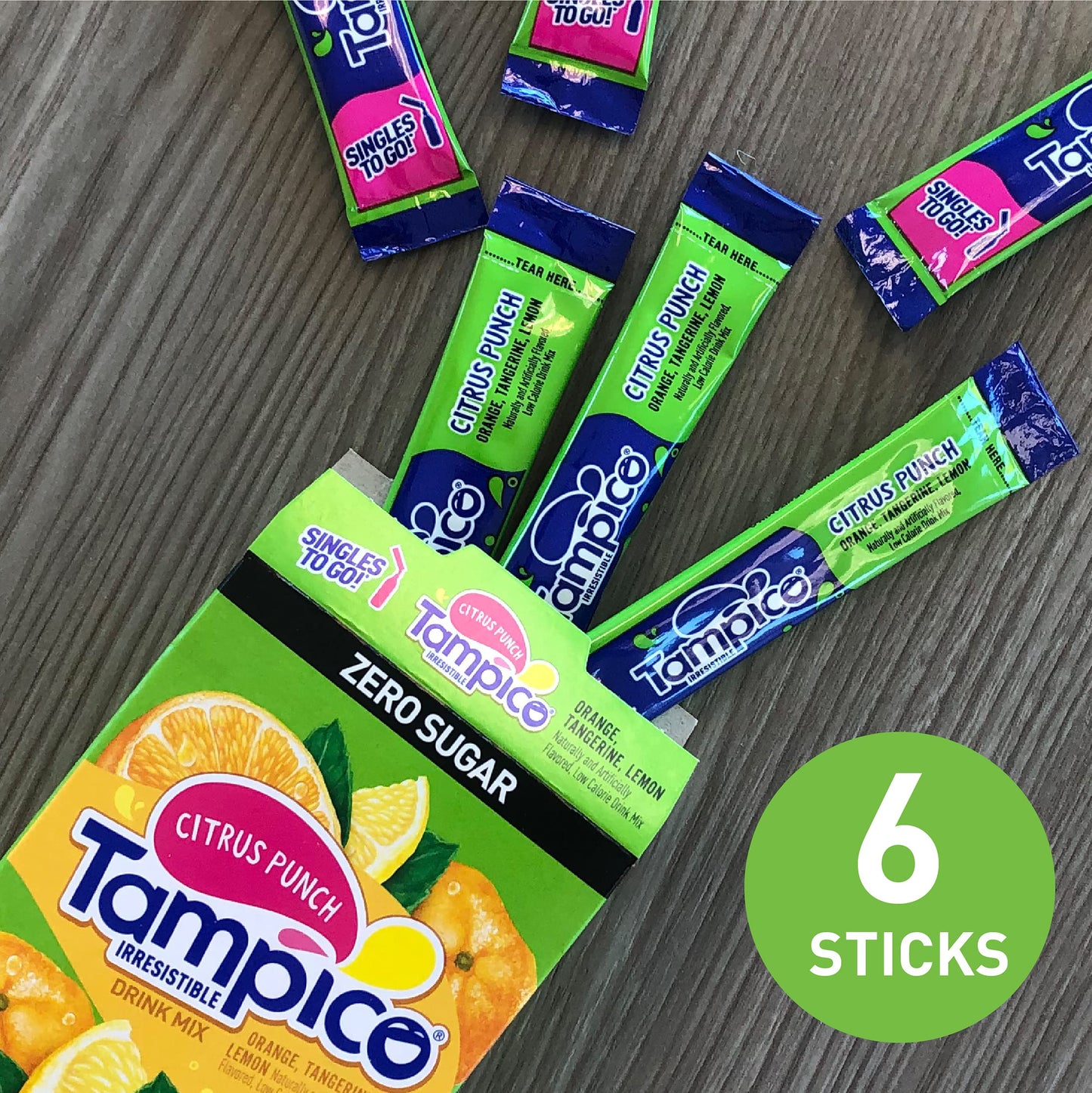 Tampico Singles To Go Drink Mix Packets, Citrus Punch, 6-Count Box - Zero Sugar, Low Calorie Powdered Drink Packets, 100% Dv Of Vitamin C Per Serving, Convenient, On-The-Go Water Enhancers