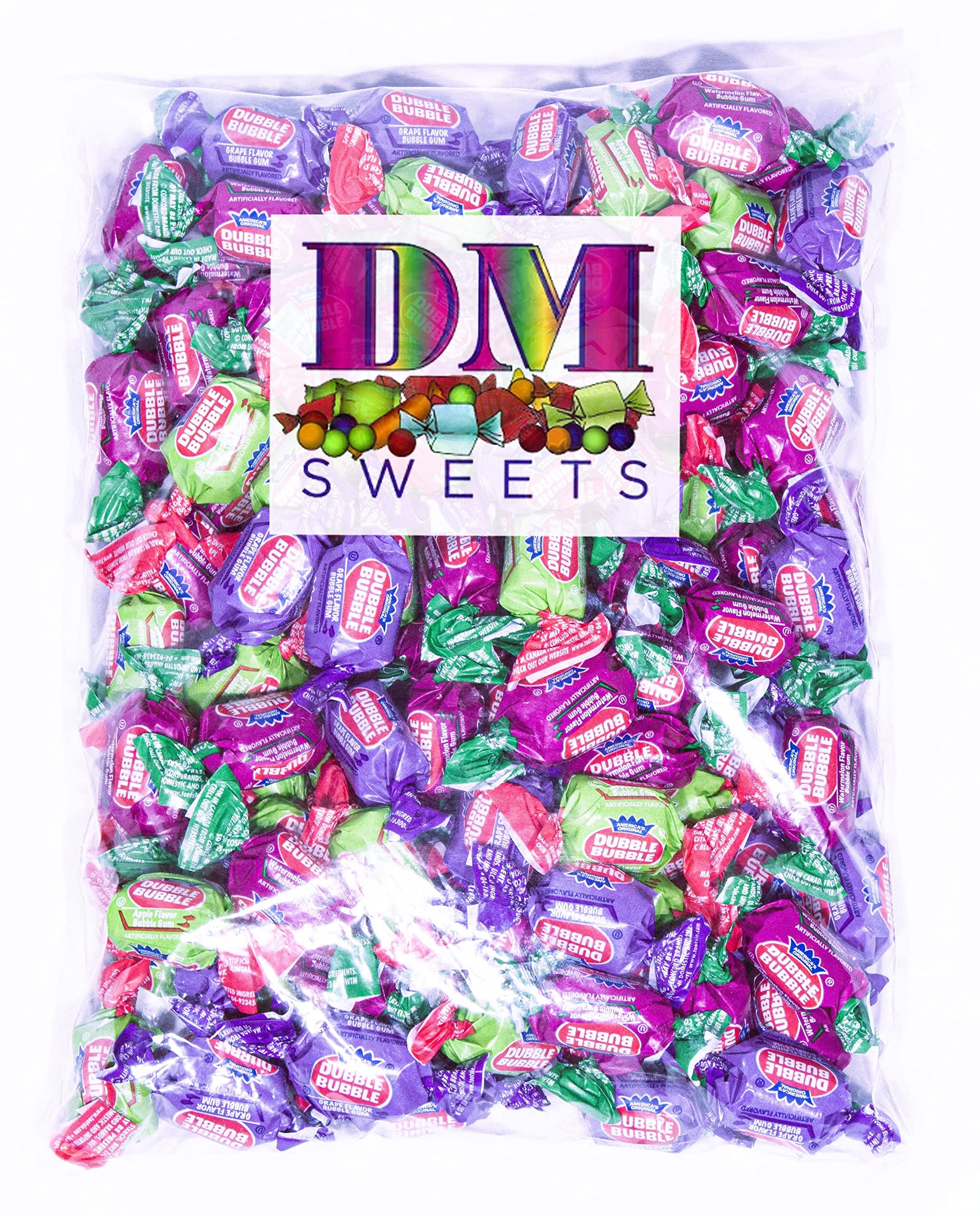 Dubble Bubble 3 Flavor Gum - 2 Lbs Of Assorted Apple Watermelon Grape Individually Wrapped Fresh Bubble Gum