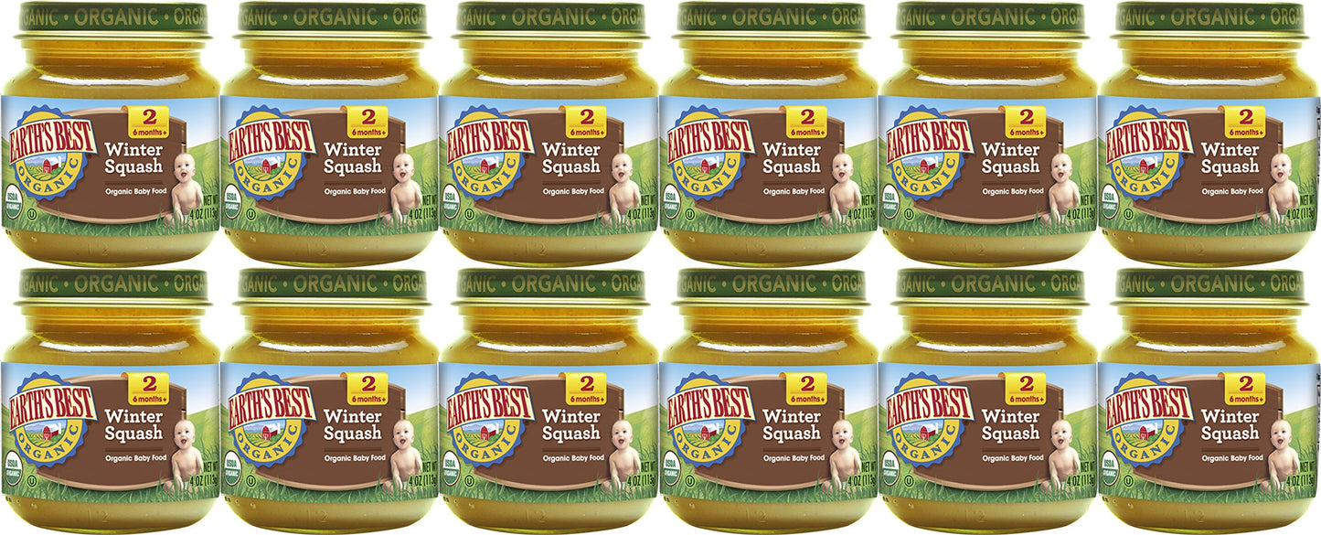 Earth'S Best Organic Baby Food Jars, Stage 2 Vegetable Puree For Babies 6 Months And Older, Organic Winter Squash, 4 Oz Resealab