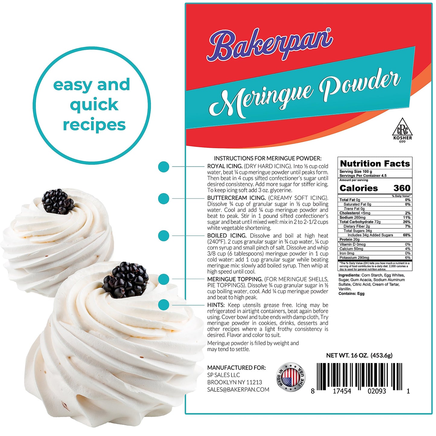 Bakerpan Meringue Powder For Royal Icing - 16 Ounce - Meringue Powder For Baking, Frosting, Icing, Pies, Cake Decorations (Made In Usa)