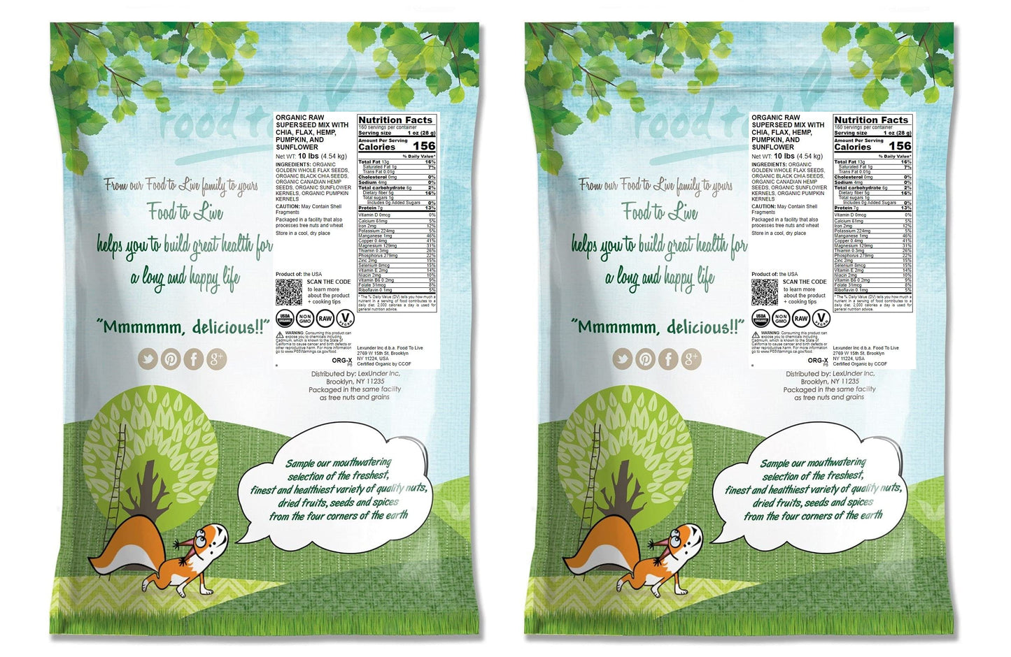 Food To Live - Organic Raw Superseed Mix- Chia, Flax, Hemp, Pumpkin, And Sunflower, 20 Pounds - Non-Gmo Whole Seeds Blend, Vegan