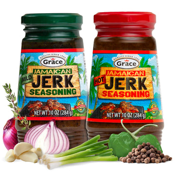 Grace Jamaican Hot & Mild Jerk Seasoning - Caribbean Mix for Chicken & Oxtail - 10 Oz Jars (Pack of 2)