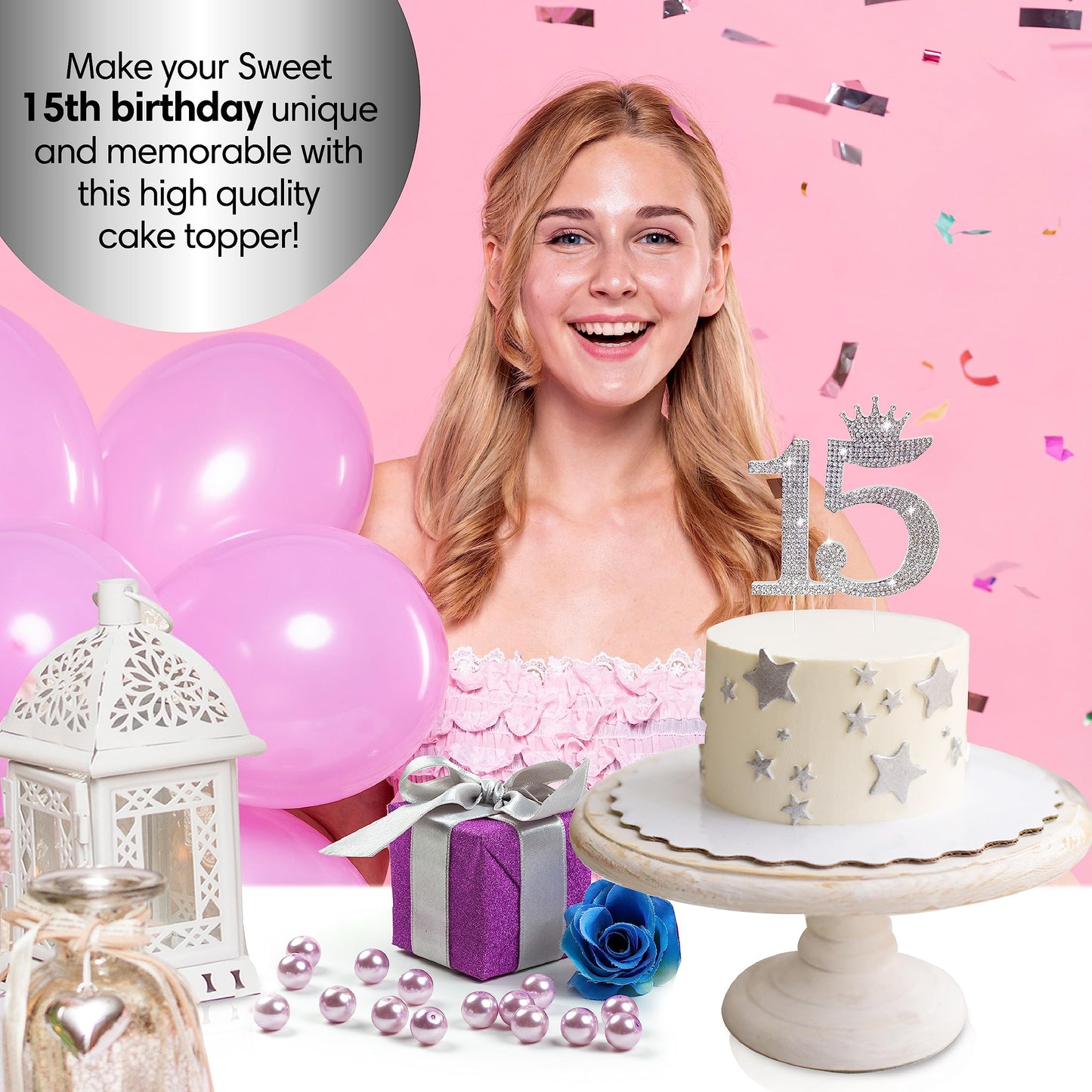 Chloe Elizabeth Quinceanera Rhinestone Cake Topper, Silver, 2 Count, Model 14206654