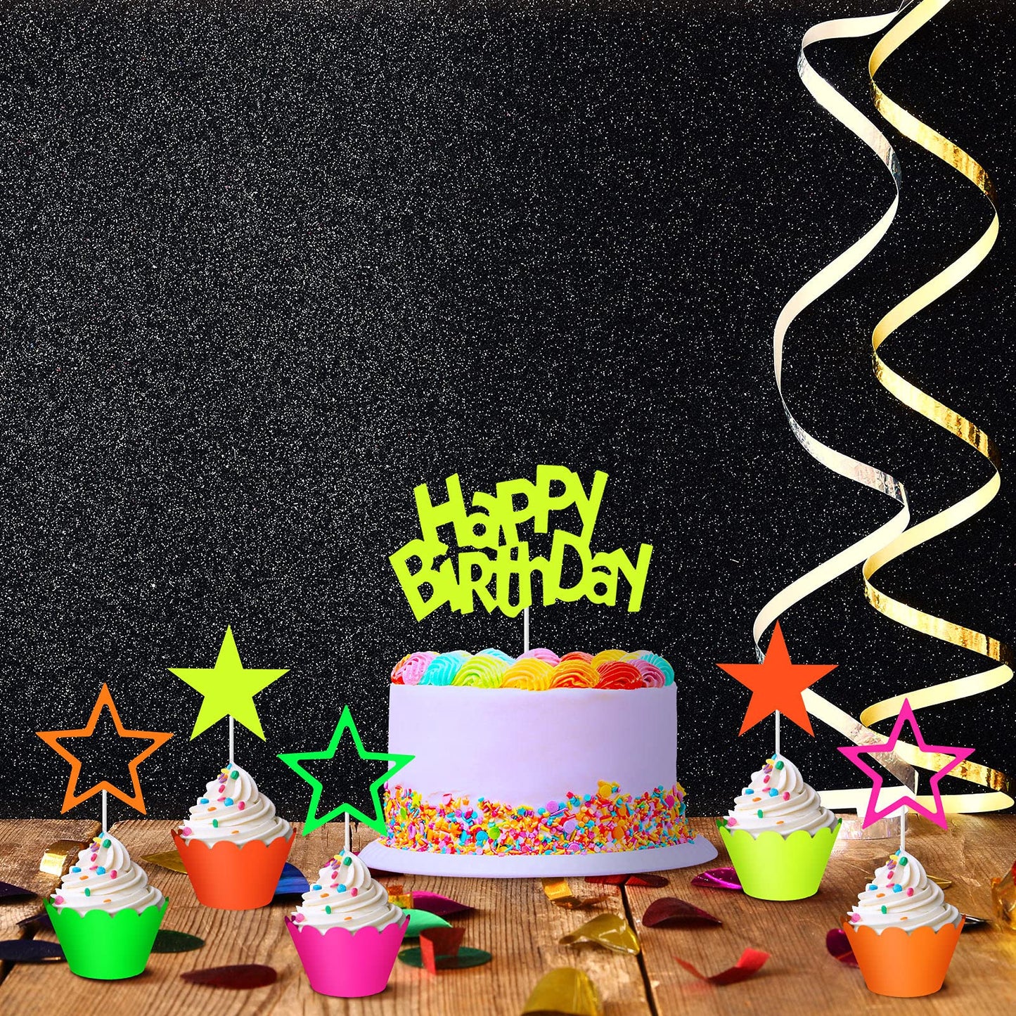 41 Pieces Glow Neon Birthday Party Decorations, Includes Yellow Happy Birthday Cake Topper Neon Cupcake Wrappers And Hollowed Ou