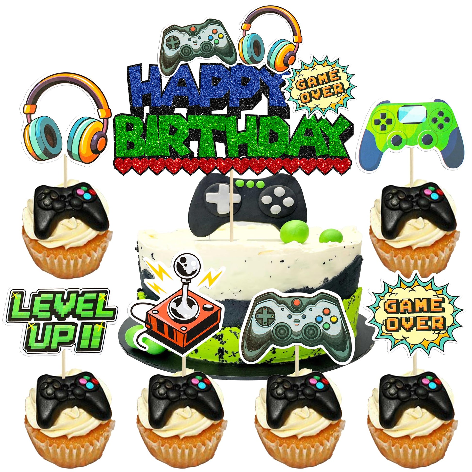 Ephlyn 37Pcs Video Game Cupcake Toppers Video Game Happy Birthday Cake Topper Game On Controllers Cupcake Picks Gamepad Cake Dec