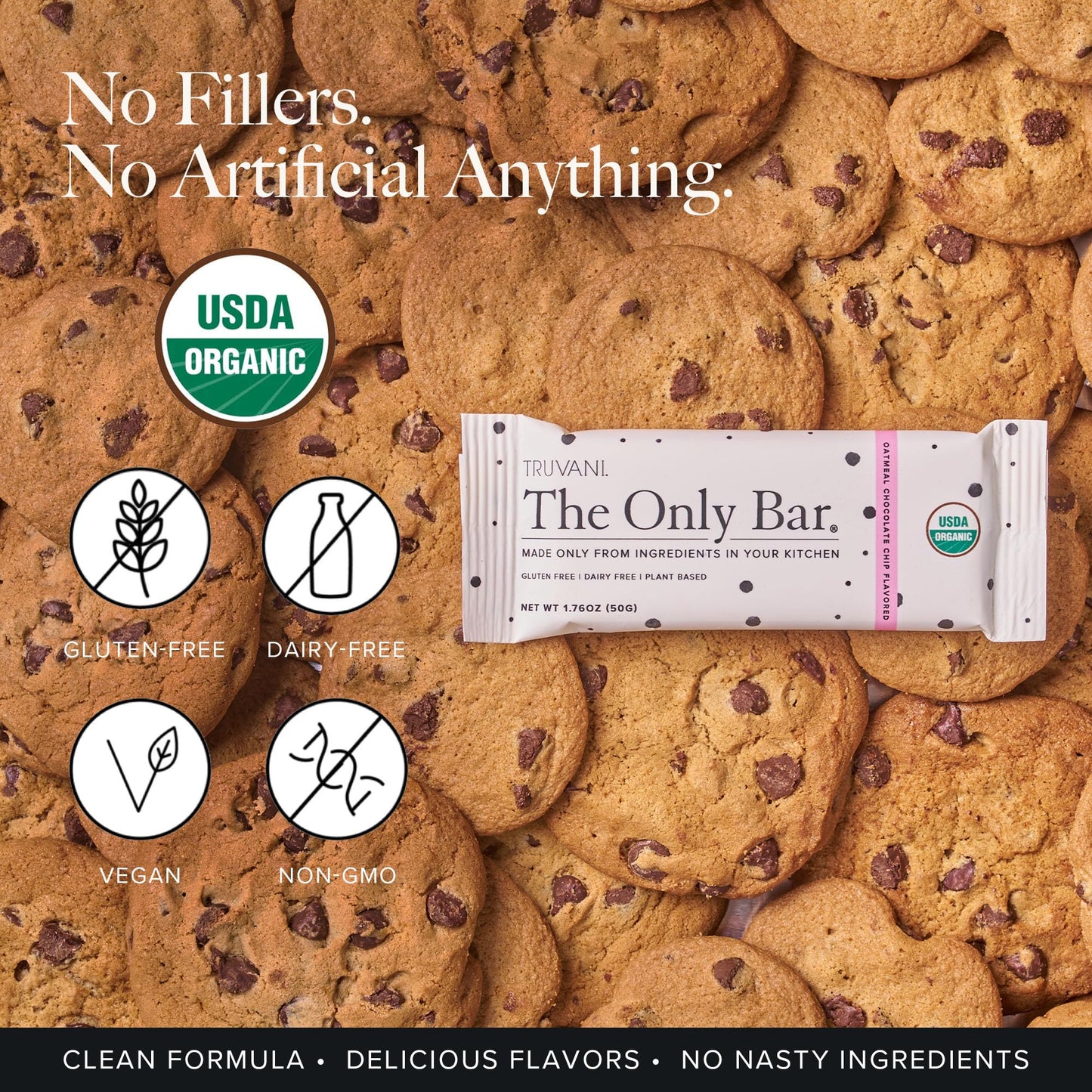 Truvani Plant Based Snack Bars | Oatmeal Chocolate Chip 4 Pack | 6g Protein | USDA Organic and Vegan | The Only Bar | Dairy, Soy
