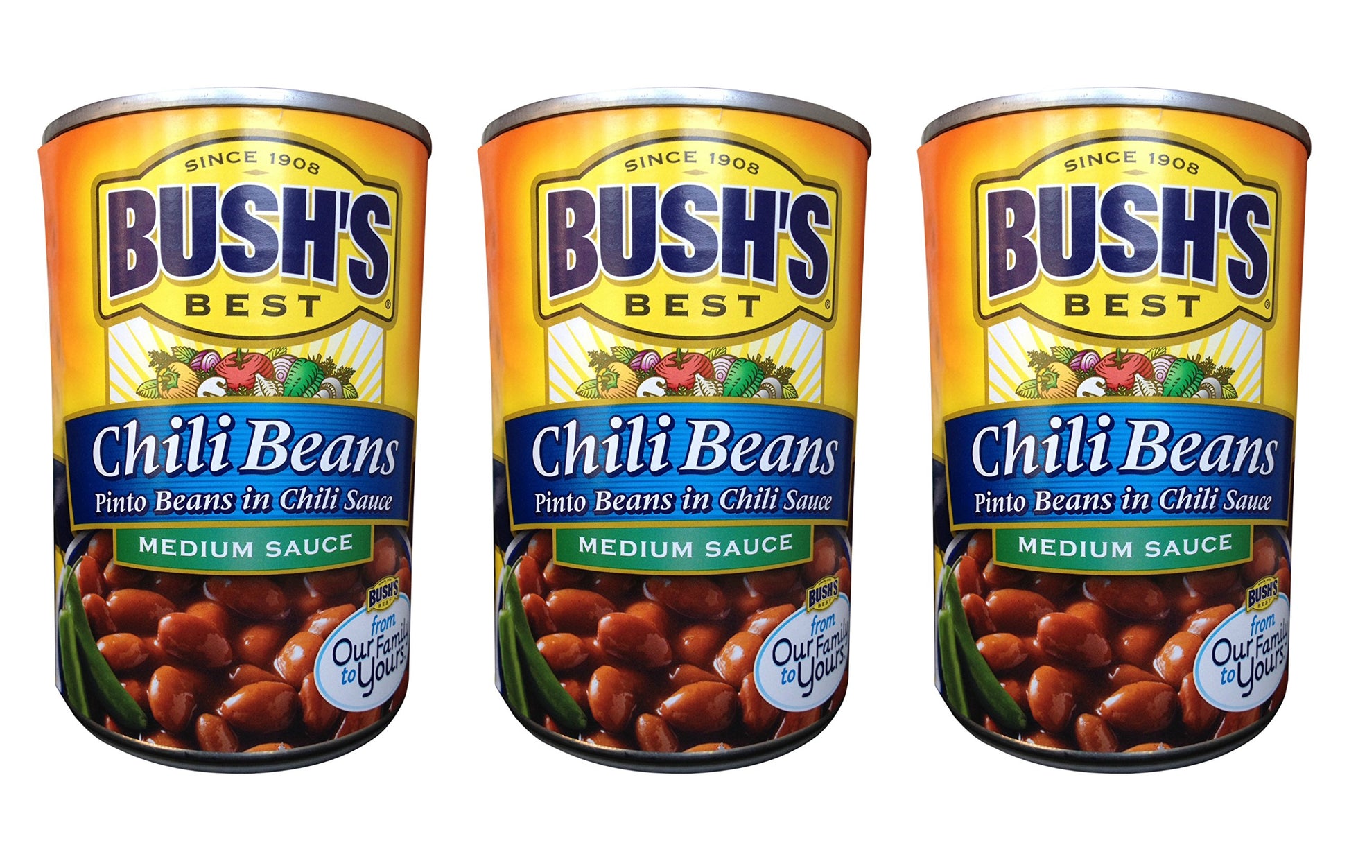 Bush's Best Chili Beans- Pinto Beans in MEDIUM sauce- (3 pack) each can is 16 ounces for a total of 48 ounces