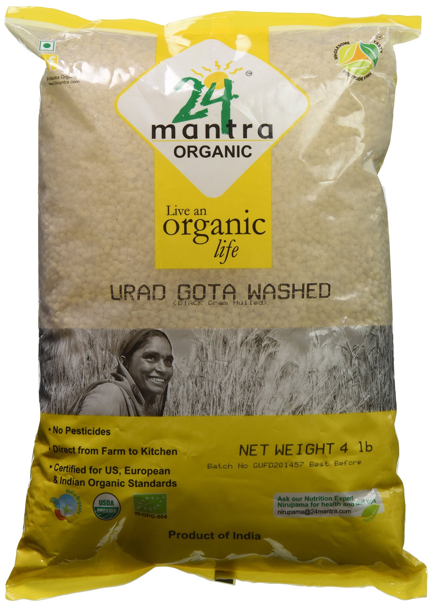 24 Mantra Organic Urad Dal Whole Lentils, USDA & EU Certified, Pesticide Free, 4 Pound, White
