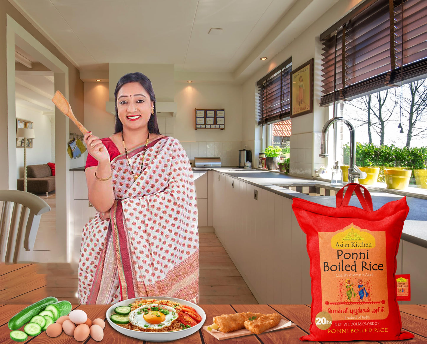 Asian Kitchen Ponni Boiled Rice, Short Grain, Gluten Free, Vegan, 20 lbs (9.08 kg), All Natural, Indian Origin