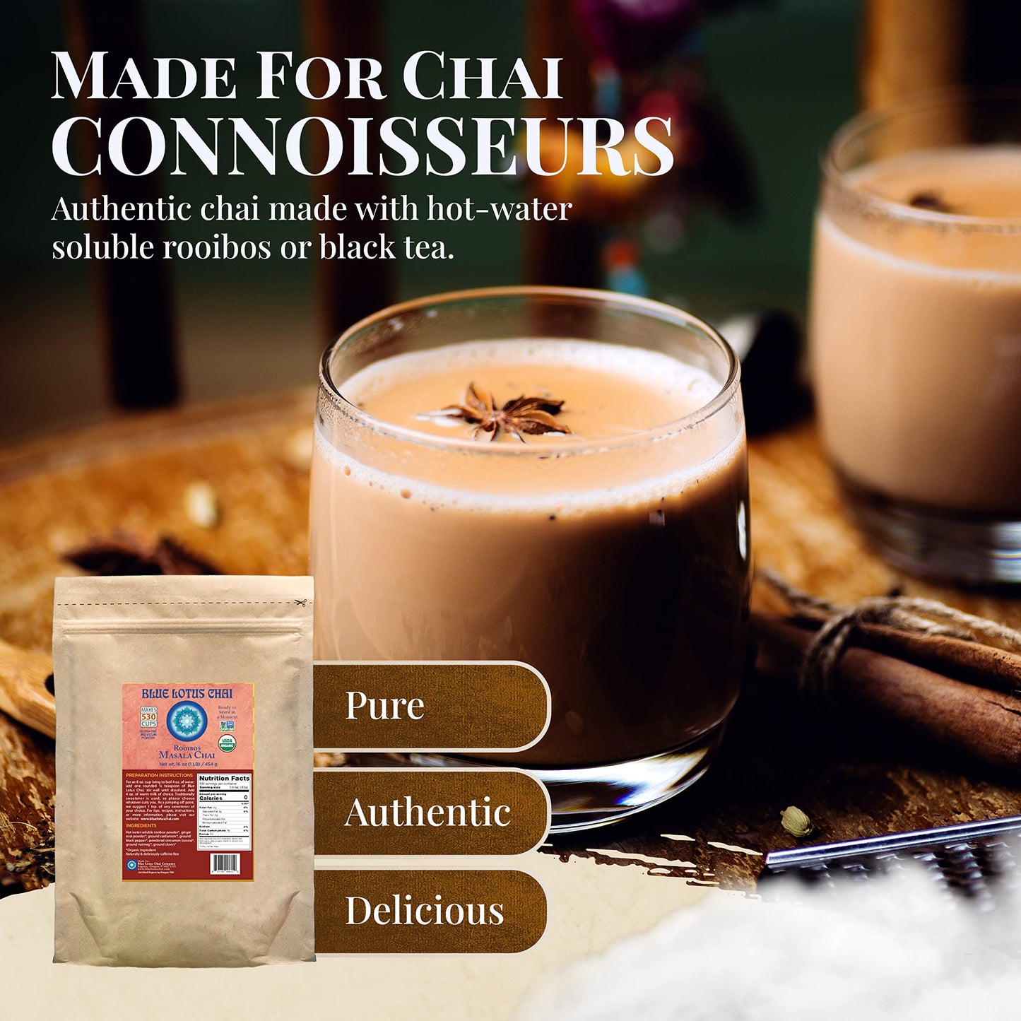 Blue Lotus Chai - Rooibos Masala Chai - Makes 530 Cups - 1 Pound Bulk Bag Masala Spiced Chai Powder With Organic Spices - Instan