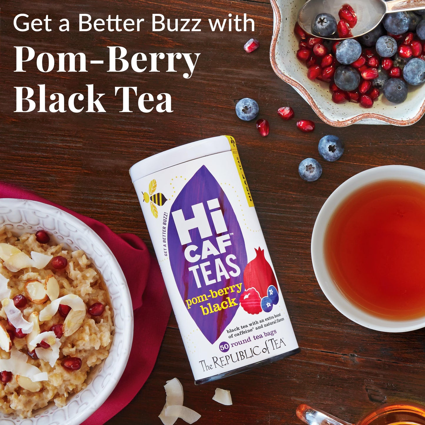 The Republic of Tea HiCAF Pom-Berry Black Tea, 50 Count, Pomegranate Blueberry, High Caffeine