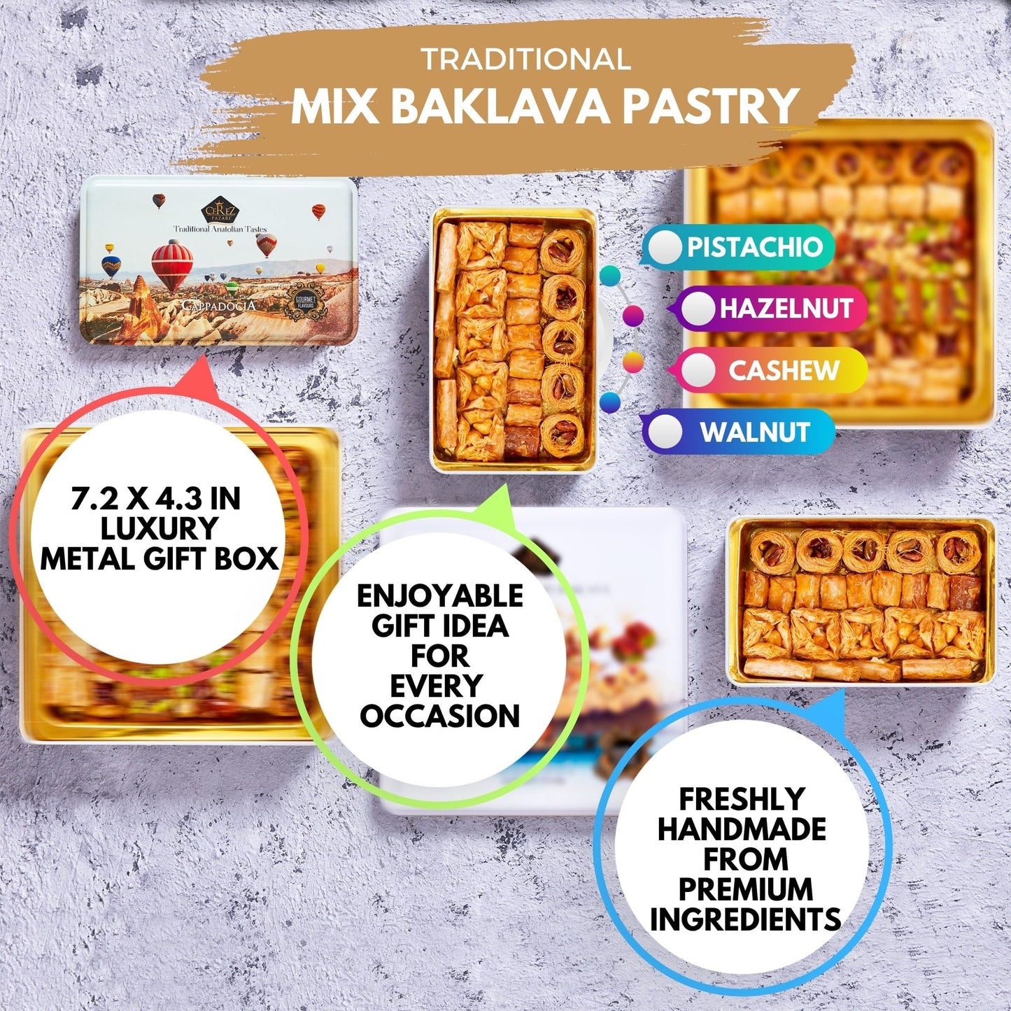 Çerez Pazari Assorted Baklava Gift Basket, 8.47 oz, 22-23 pcs, Turkish Pistachio, Walnut, Cashew, Hazelnut, No Preservatives