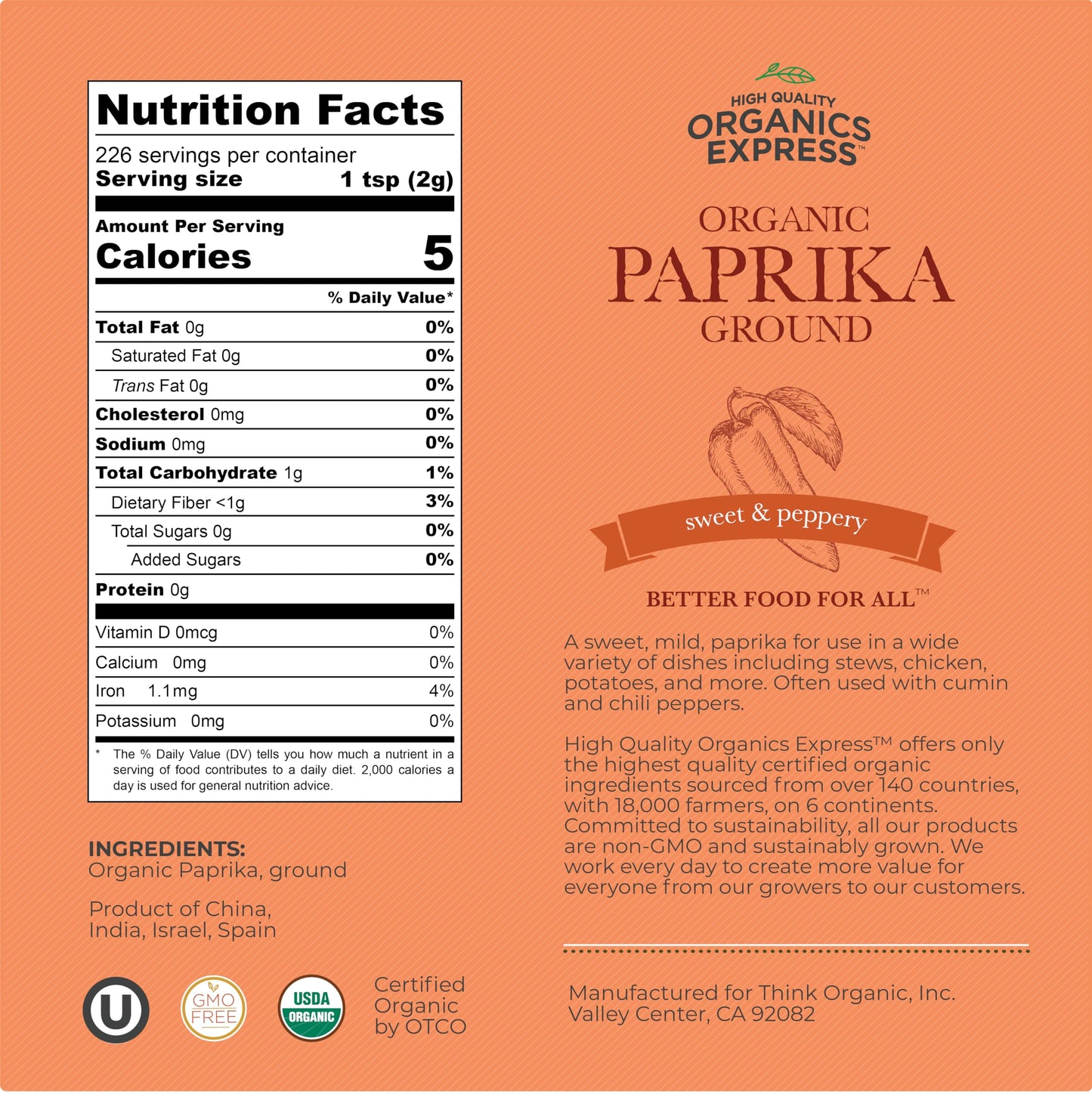 HqO Organic Paprika - Non-GMO, USDA Certified, Sweet & Mildly Spicy Seasoning, 18 oz Chef Jar