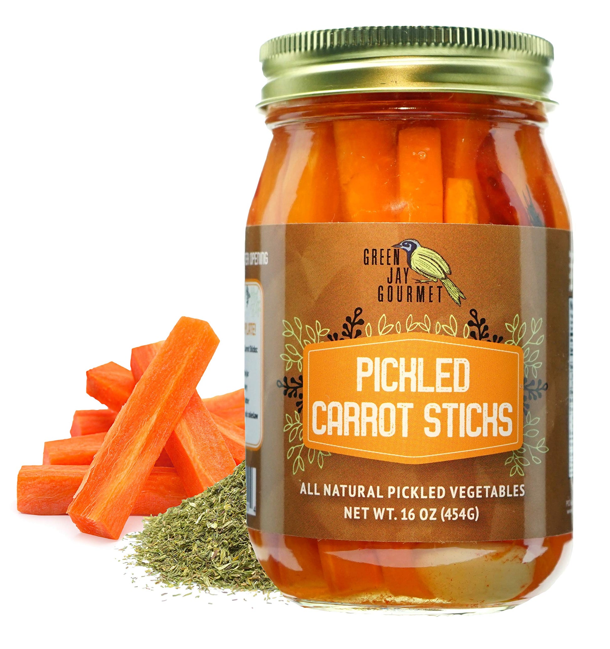 Green Jay Gourmet Spicy Pickled Carrot Sticks in a Jar - Fresh Hand Jarred Vegetables for Cooking & Pantry - Home Grown Pre-Prep