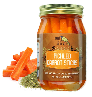 Green Jay Gourmet Spicy Pickled Carrot Sticks in a Jar - Fresh Hand Jarred Vegetables for Cooking & Pantry - Home Grown Pre-Prep