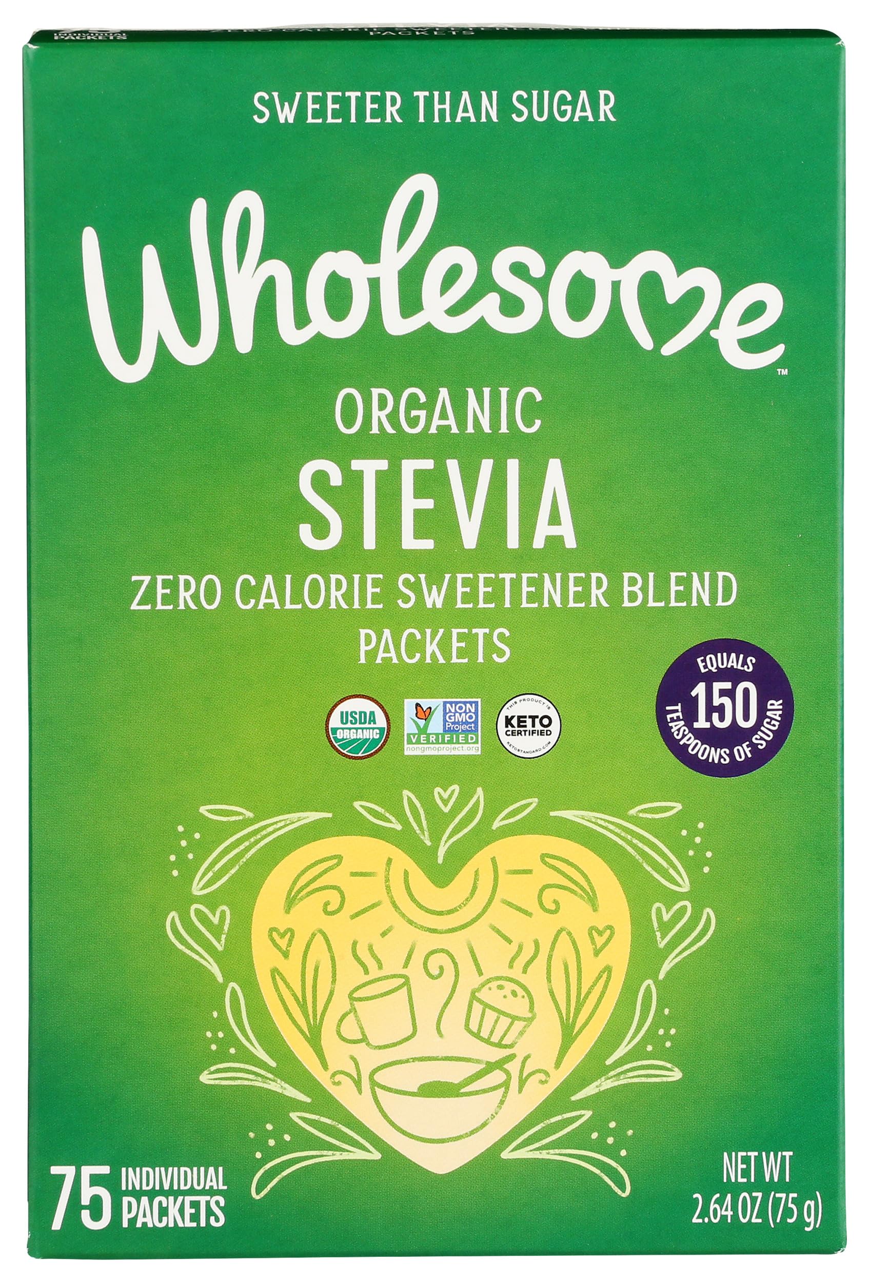 Wholesome Sweeteners Organic Stevia, 75 Count Packets, Zero Calorie Sweetener Blend, Keto Friendly, Non GMO, Gluten Free & Vegan, 1 Pack