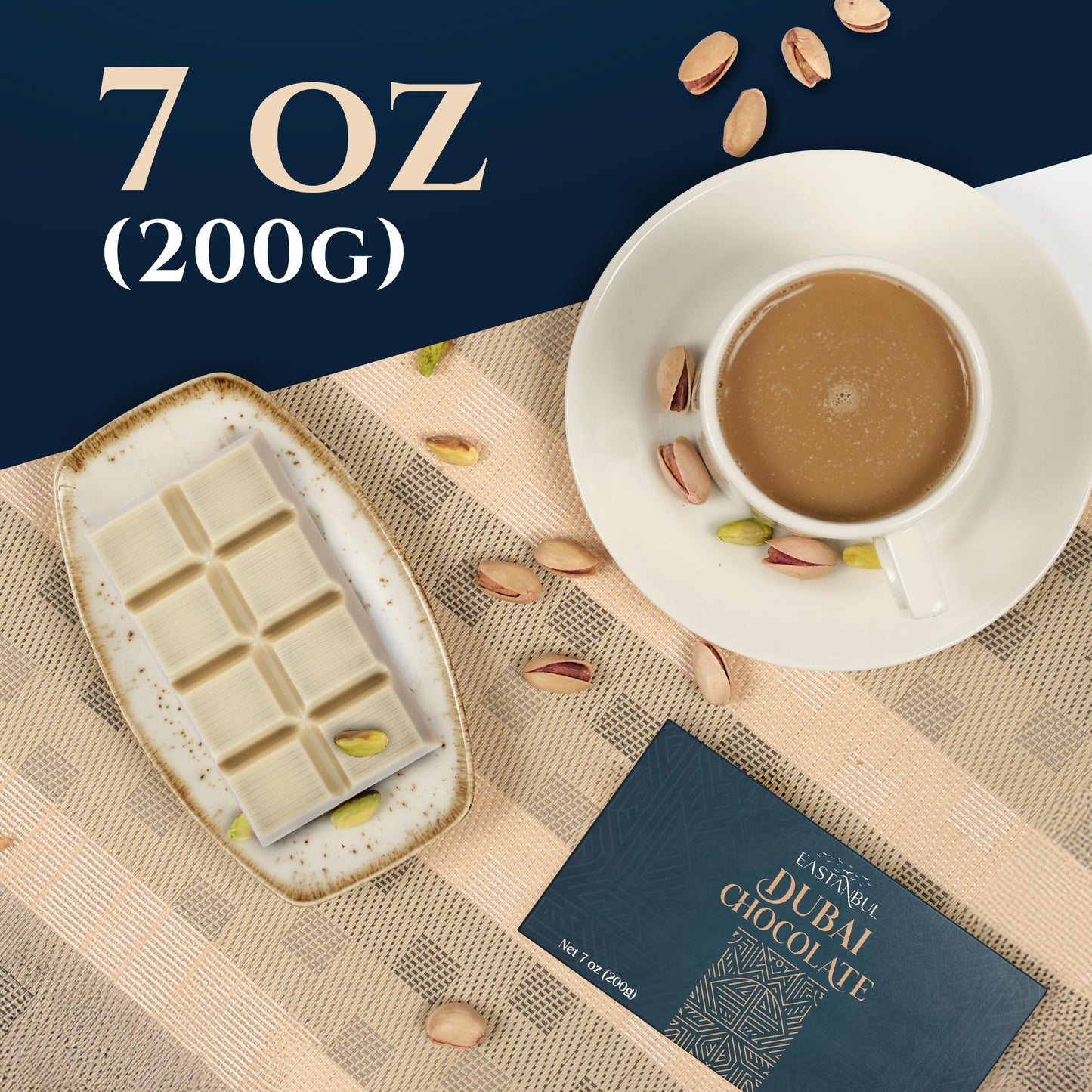 Eastanbul Dubai Chocolate Bar Pistachio, 7Oz, Premium Pistachio Dubai White Chocolate Bar, Viral Candy With Shredded Phyllo Doug