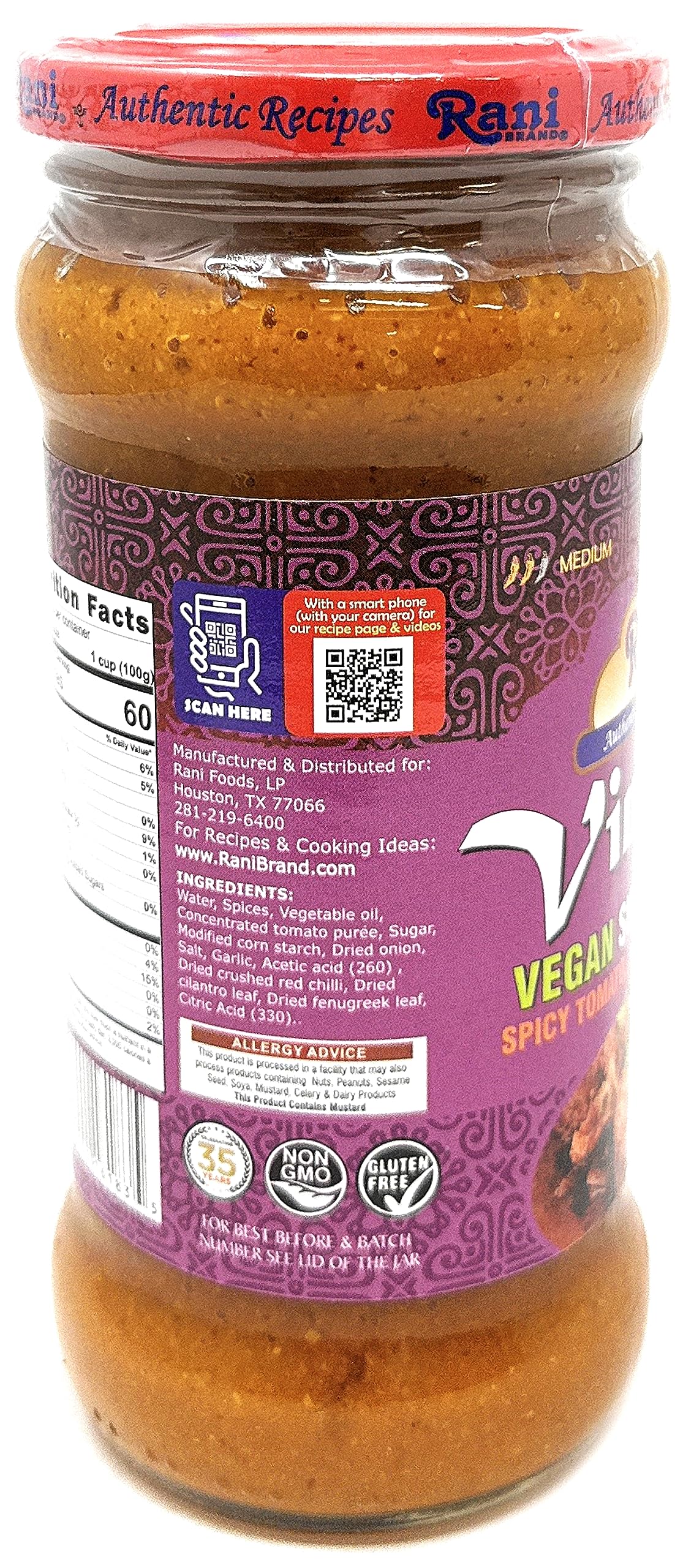 Rani Vindaloo Curry Vegan Simmer Sauce (Spicy Tomato, Red Peppers & Spices) 14Oz (400G) Glass Jar ~ Easy To Use | Vegan | No Col