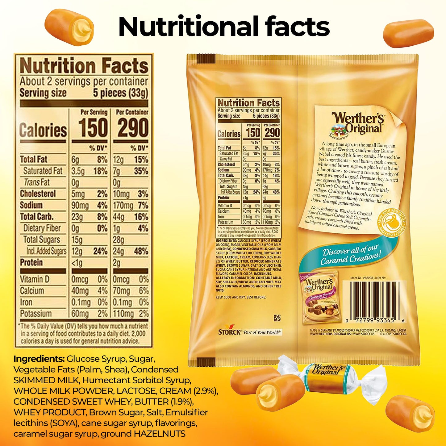 Werthers Original Salted Caramel Candy, Pack Of 4 - Individually Wrapped Werther Soft Caramel, Werthers Caramel Filled Candy, So