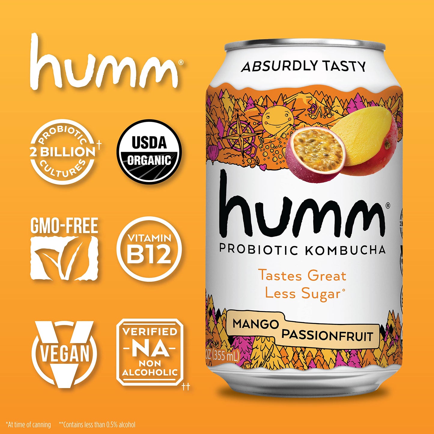 Humm Kombucha Mango Passionfruit - Organic, Vegan & Gmo-Free (12 Pack)