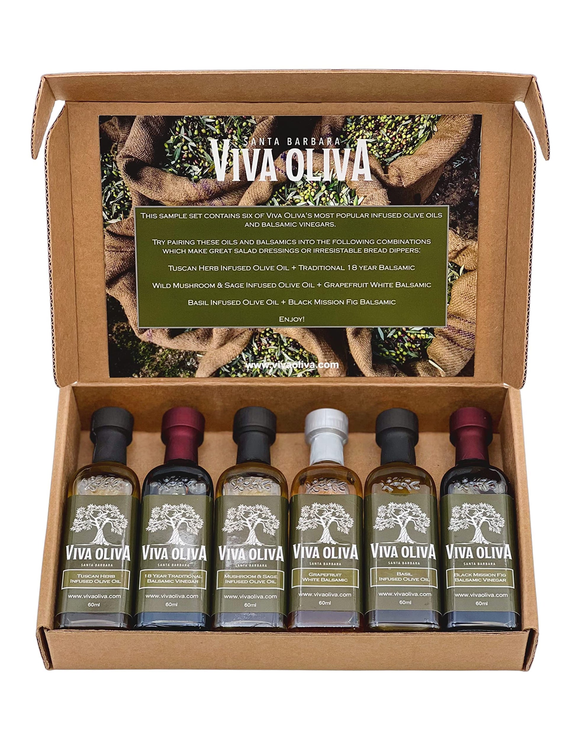 Viva Oliva Six 60Ml (2Oz) Variety Gift Set - Premium Flavored Extra Virgin Olive Oils (Tuscan Herb, Basil, Mushroom & Sage) And
