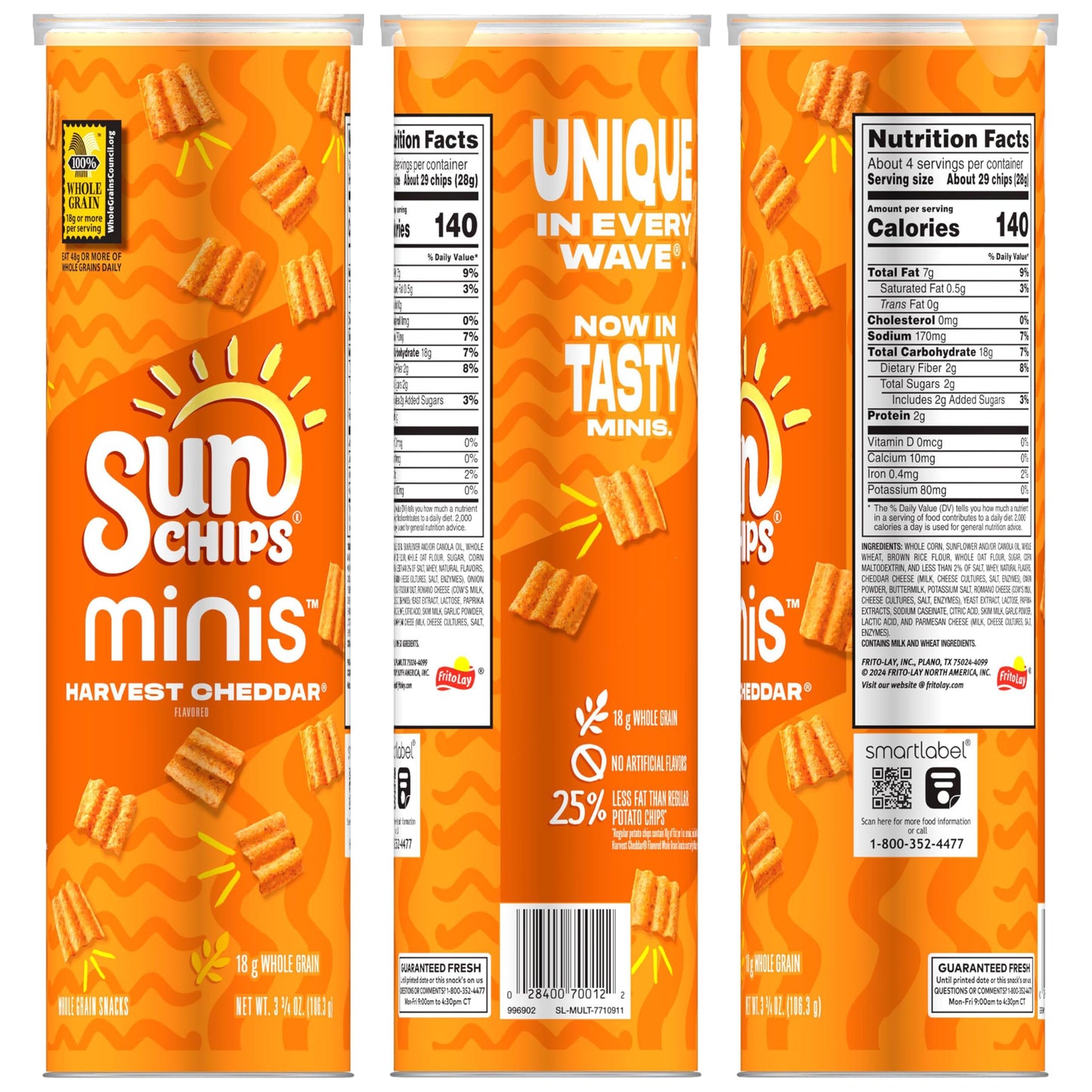 Sunchips Minis, Harvest Cheddar Whole Grain Chips, 3.75 Oz Canister