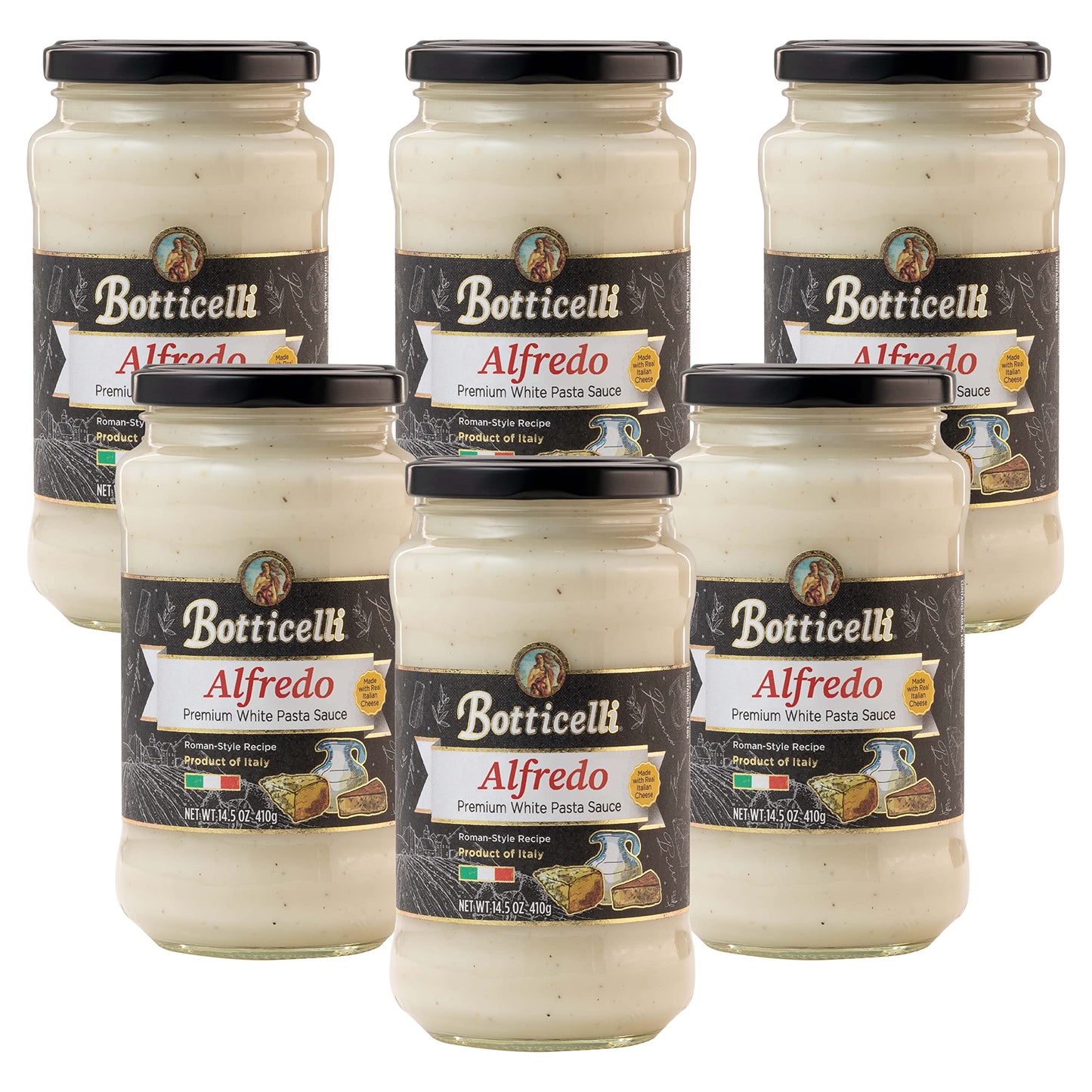 Botticelli Alfredo Premium Italian Pasta Sauce, Gluten-Free, 14.5oz Jars (Pack of 6), Product of Italy, Roman-Style Recipe