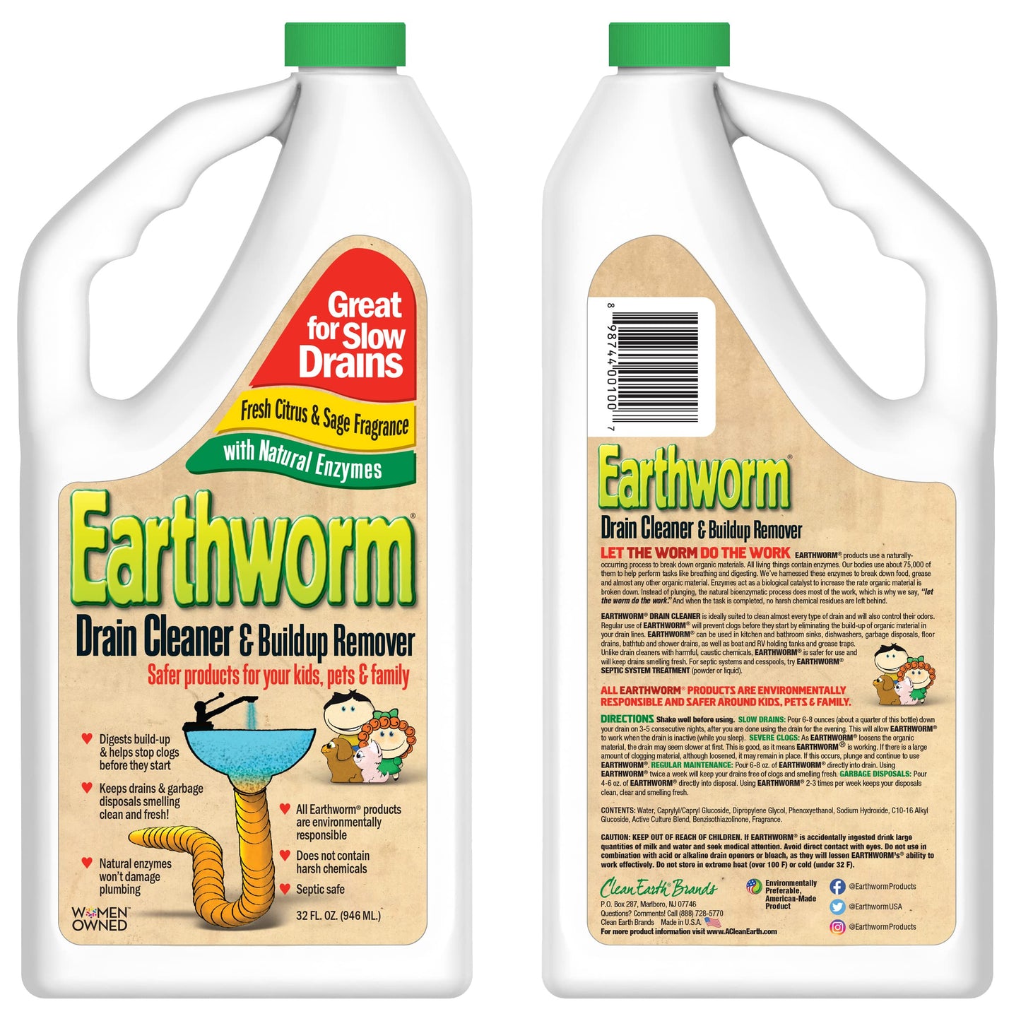 Earthworm Drain Cleaner - Clog Remover - Drain Opener / Deodorizer - Natural Enzymes, Safer For Families, Environmentally Respon